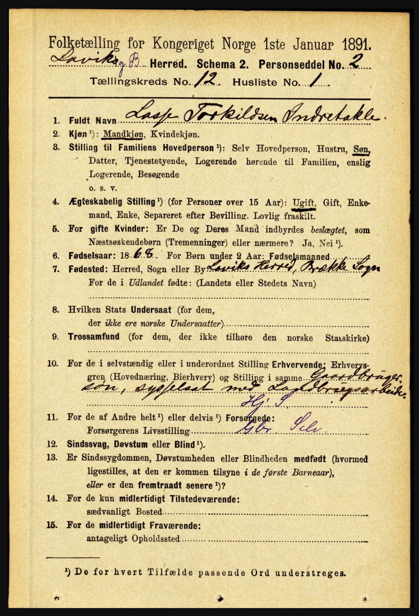 RA, 1891 census for 1415 Lavik og Brekke, 1891, p. 2351