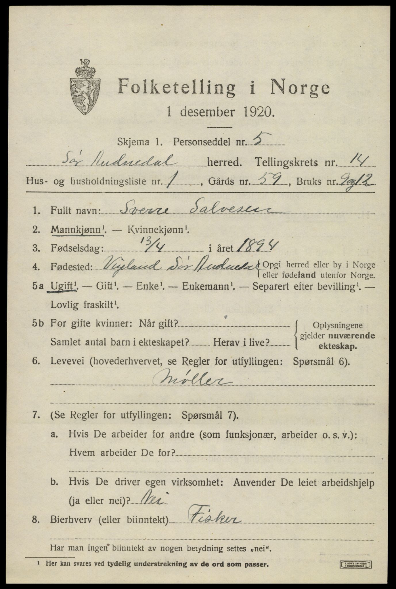 SAK, 1920 census for Sør-Audnedal, 1920, p. 5161