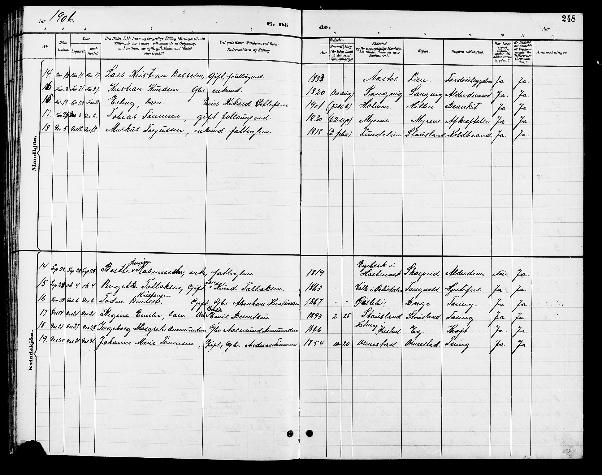 Søgne sokneprestkontor, AV/SAK-1111-0037/F/Fb/Fbb/L0006: Parish register (copy) no. B 6, 1892-1911, p. 248