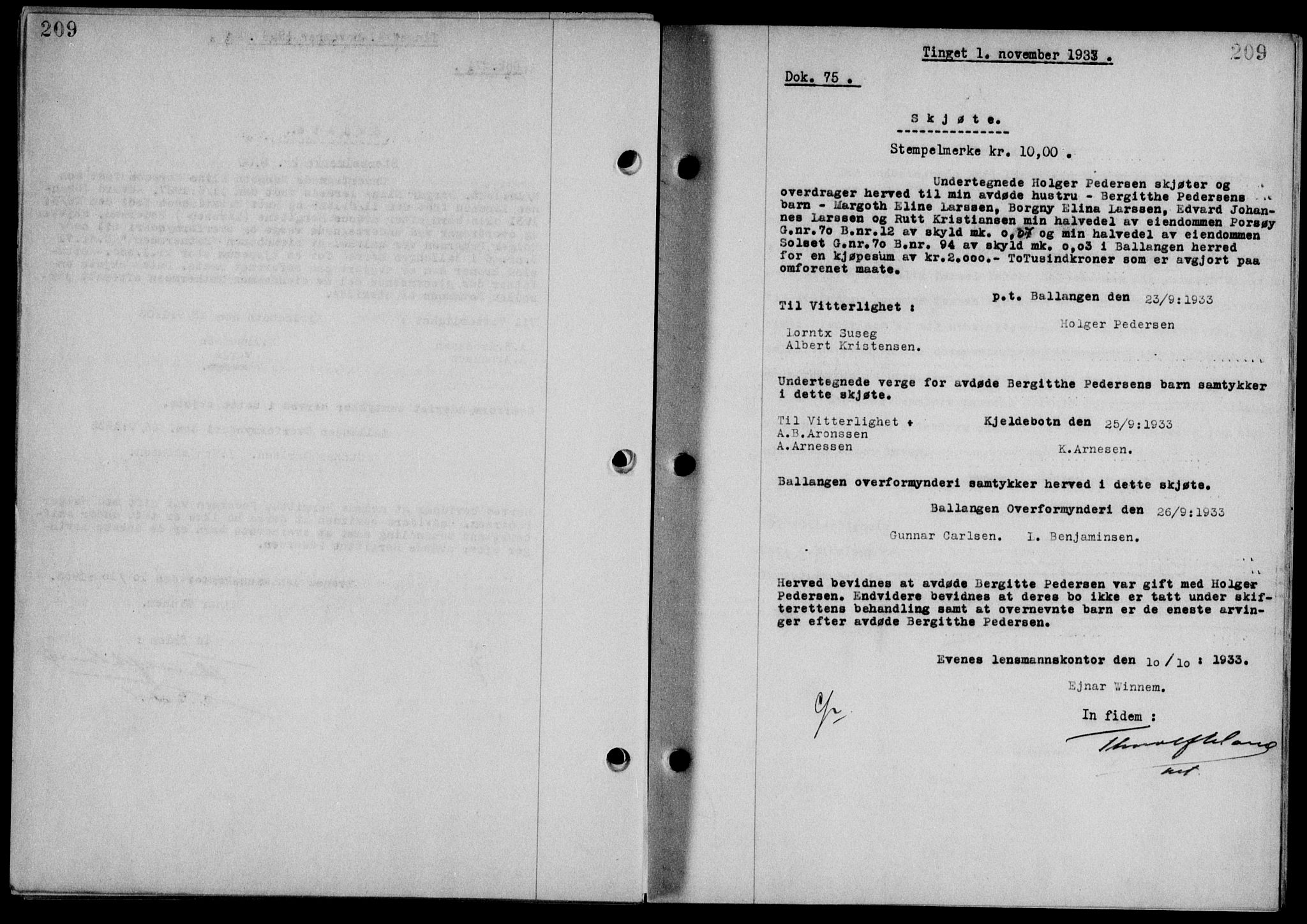 Steigen og Ofoten sorenskriveri, AV/SAT-A-0030/1/2/2C/L0023/0002: Mortgage book no. 26-II og 27, 1933-1934, Deed date: 01.11.1933