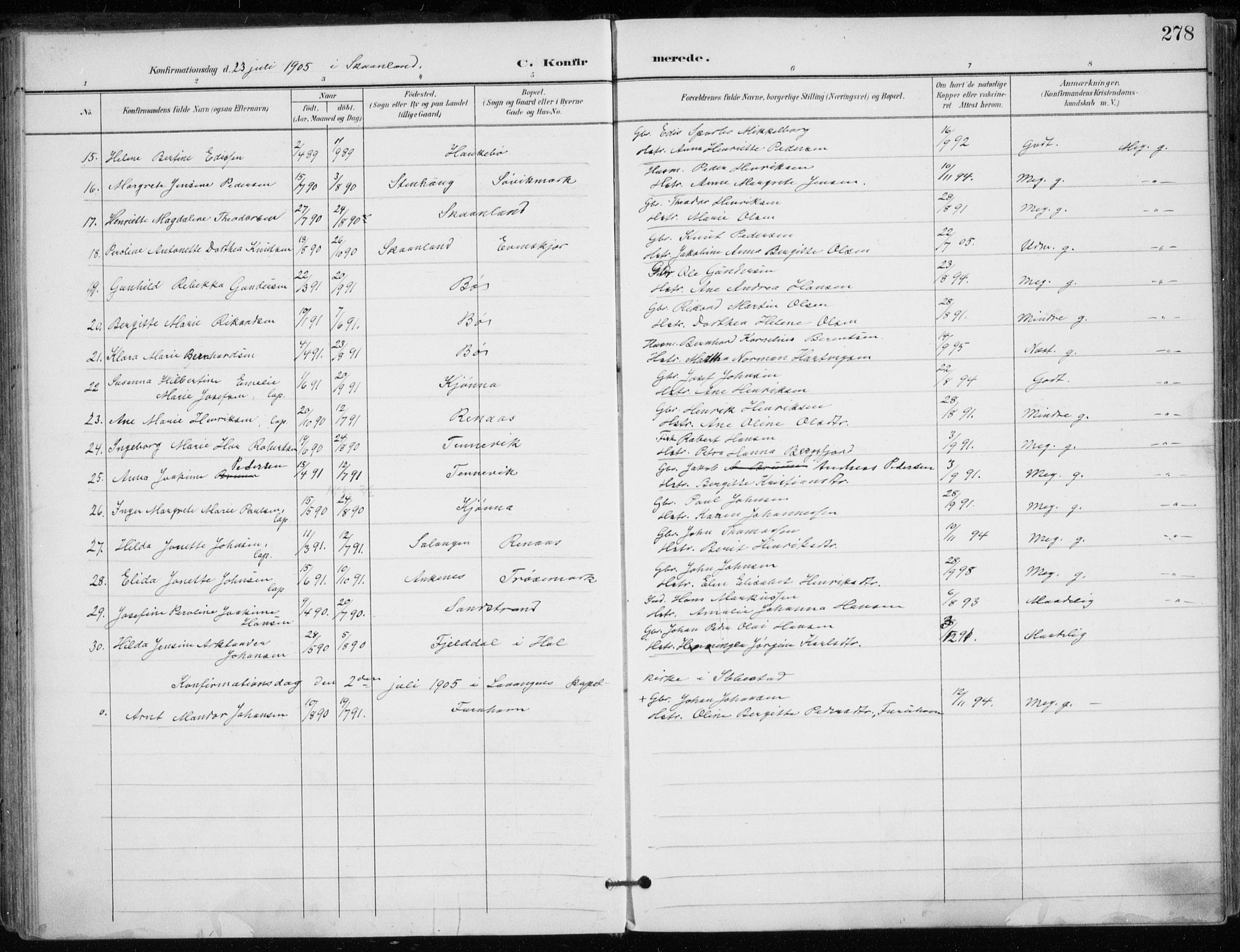Trondenes sokneprestkontor, AV/SATØ-S-1319/H/Ha/L0017kirke: Parish register (official) no. 17, 1899-1908, p. 278