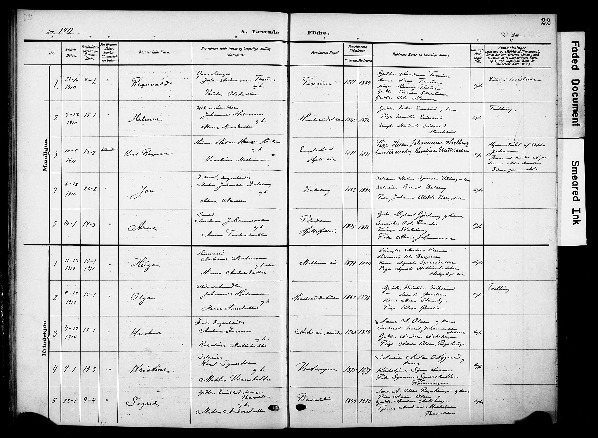 Nes prestekontor, Hedmark, SAH/PREST-020/K/Ka/L0013: Parish register (official) no. 13, 1906-1924, p. 22