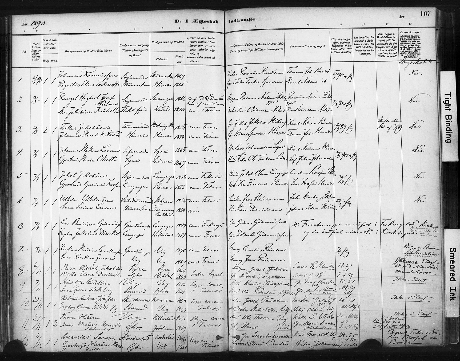 Skudenes sokneprestkontor, SAST/A -101849/H/Ha/Haa/L0009: Parish register (official) no. A 6, 1882-1912, p. 167