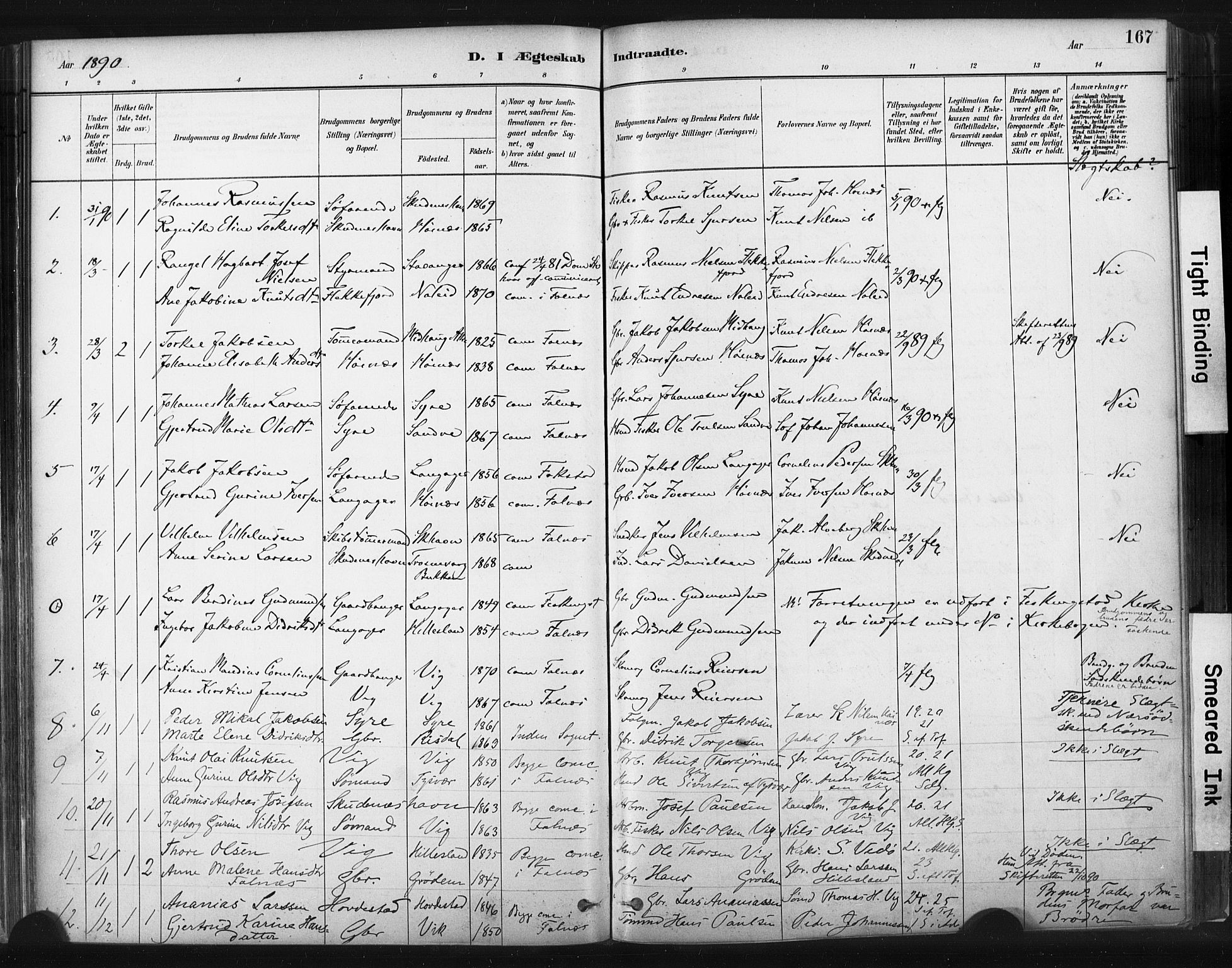 Skudenes sokneprestkontor, AV/SAST-A -101849/H/Ha/Haa/L0009: Parish register (official) no. A 6, 1882-1912, p. 167