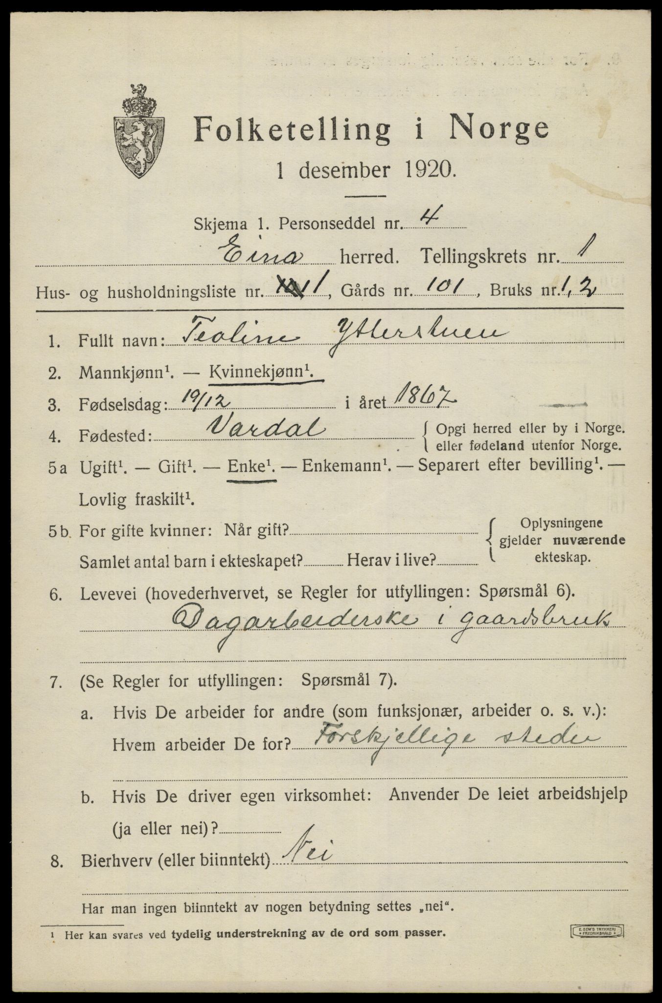 SAH, 1920 census for Eina, 1920, p. 520