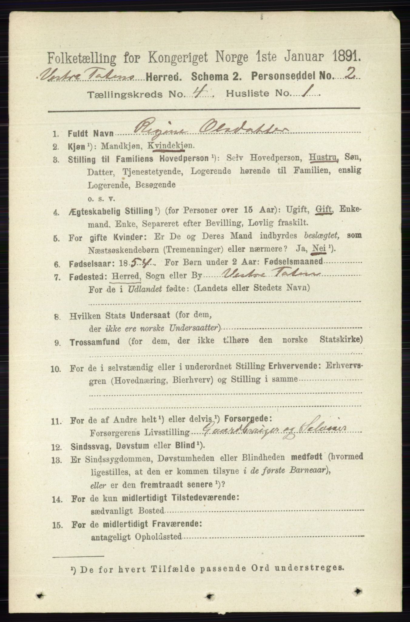 RA, 1891 census for 0529 Vestre Toten, 1891, p. 2704