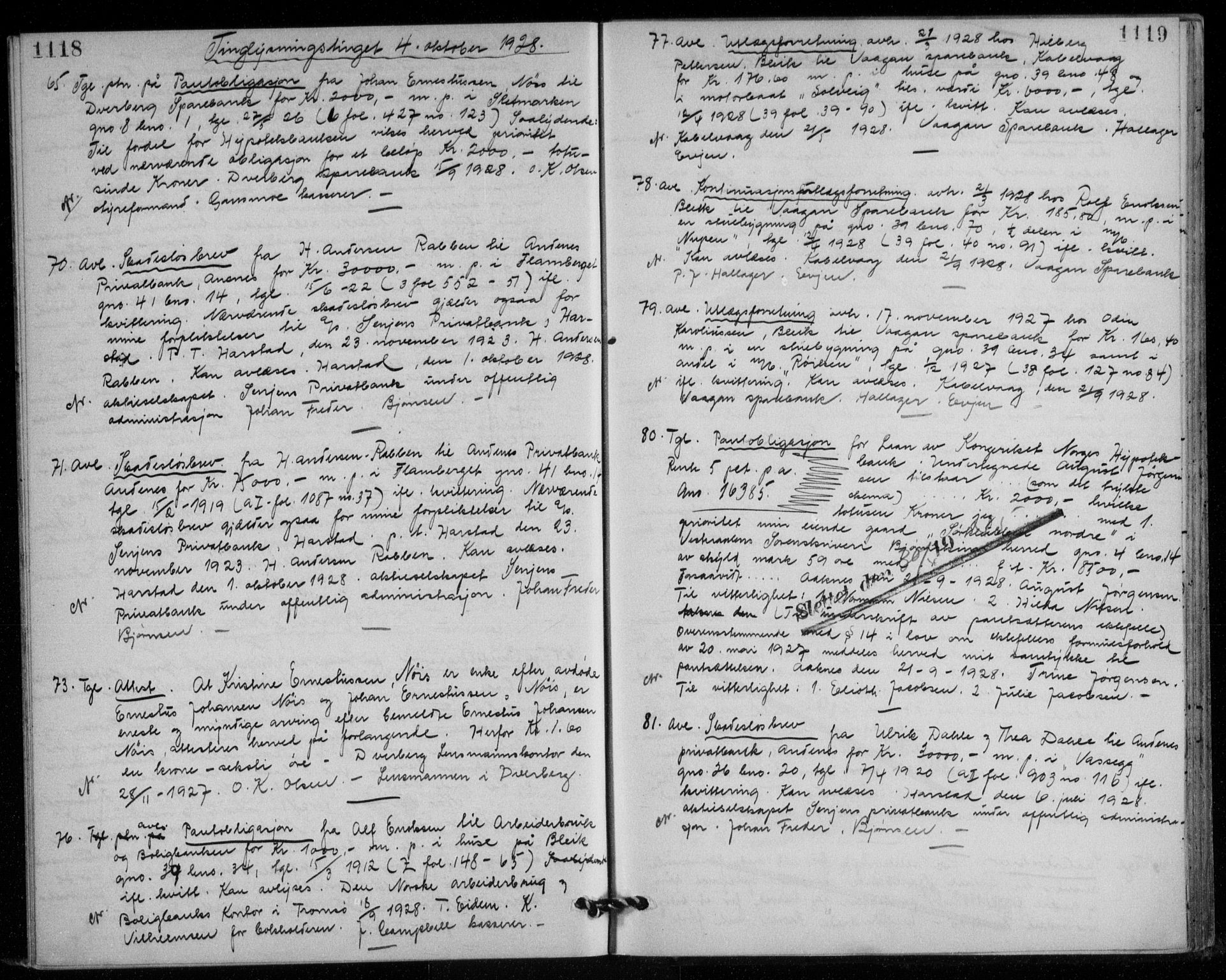 Vesterålen sorenskriveri, SAT/A-4180/1/2/2Ca/L0041: Mortgage book no. 6, 1925-1928, p. 1118-1119, Deed date: 04.10.1928