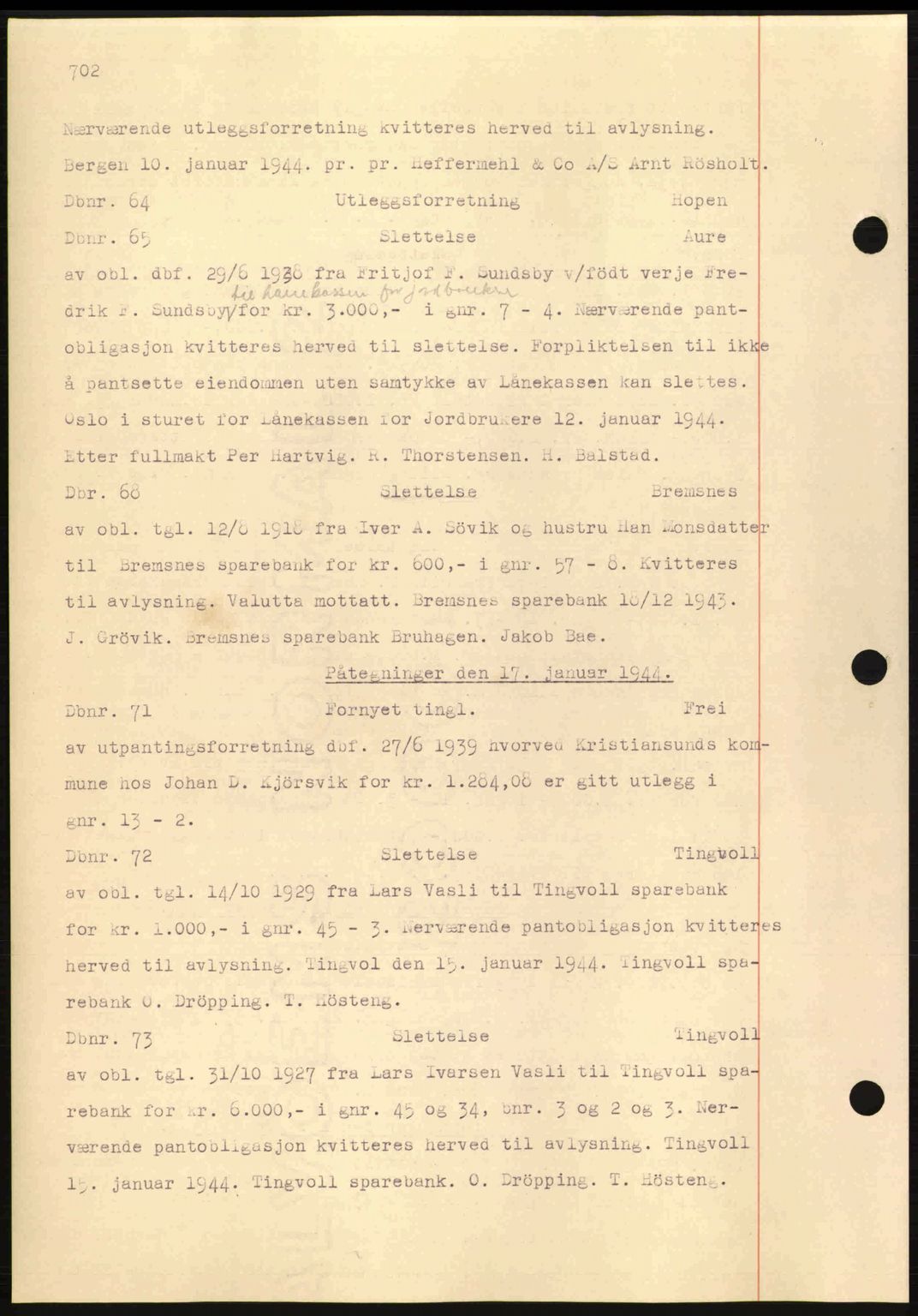 Nordmøre sorenskriveri, AV/SAT-A-4132/1/2/2Ca: Mortgage book no. C81, 1940-1945, Diary no: : 64/1944