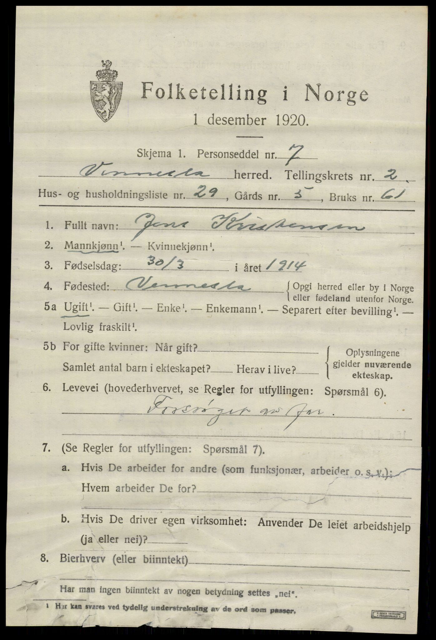 SAK, 1920 census for Vennesla, 1920, p. 1830