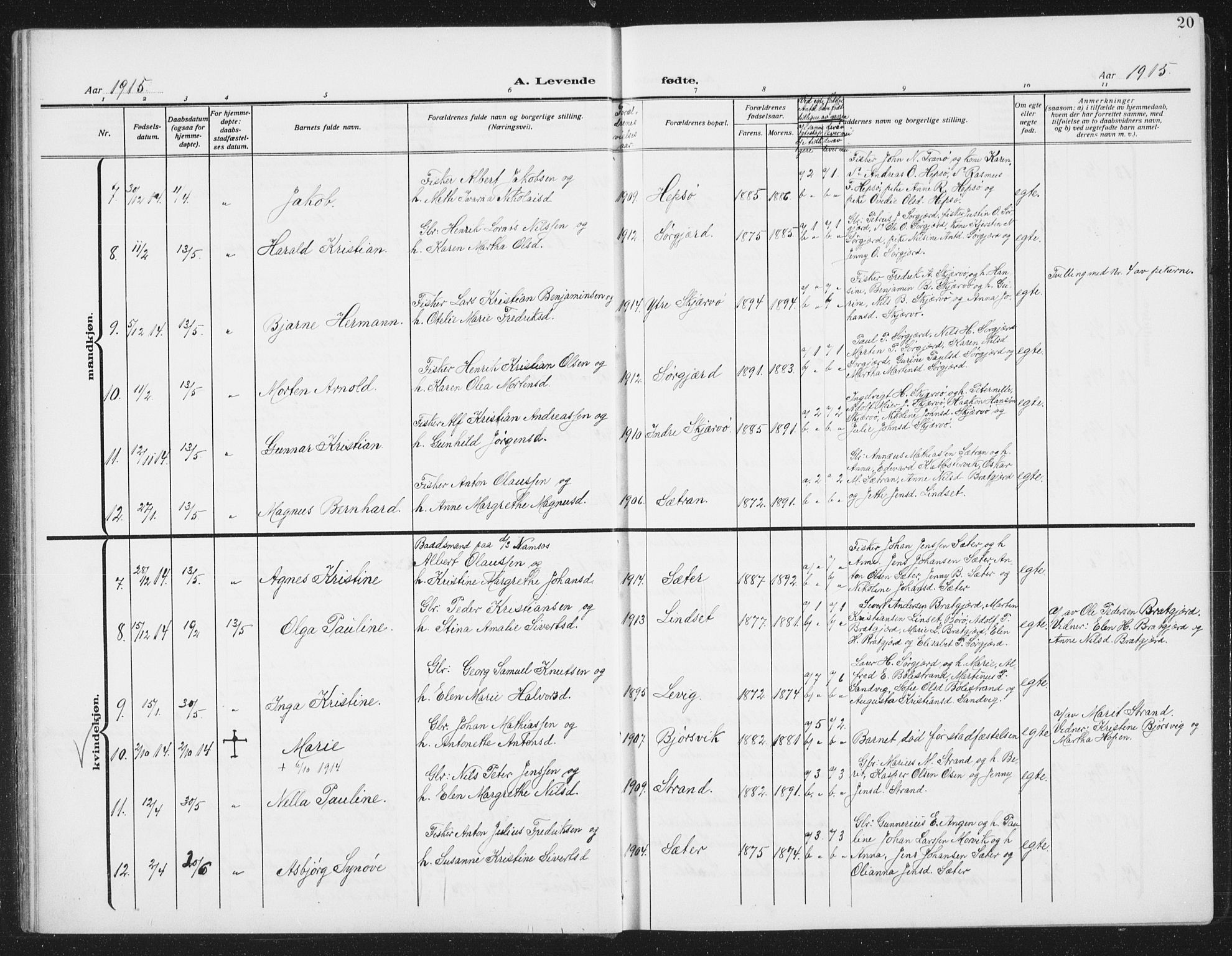 Ministerialprotokoller, klokkerbøker og fødselsregistre - Sør-Trøndelag, SAT/A-1456/658/L0727: Parish register (copy) no. 658C03, 1909-1935, p. 20
