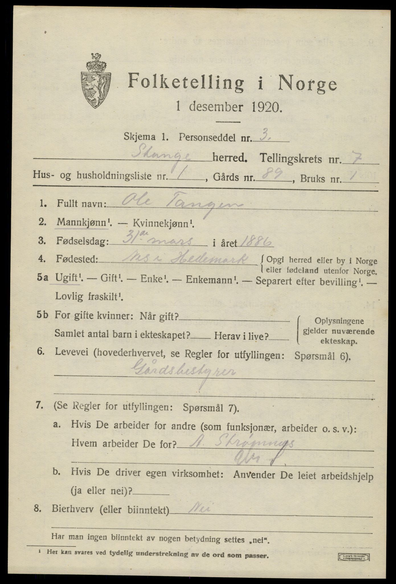 SAH, 1920 census for Stange, 1920, p. 12231