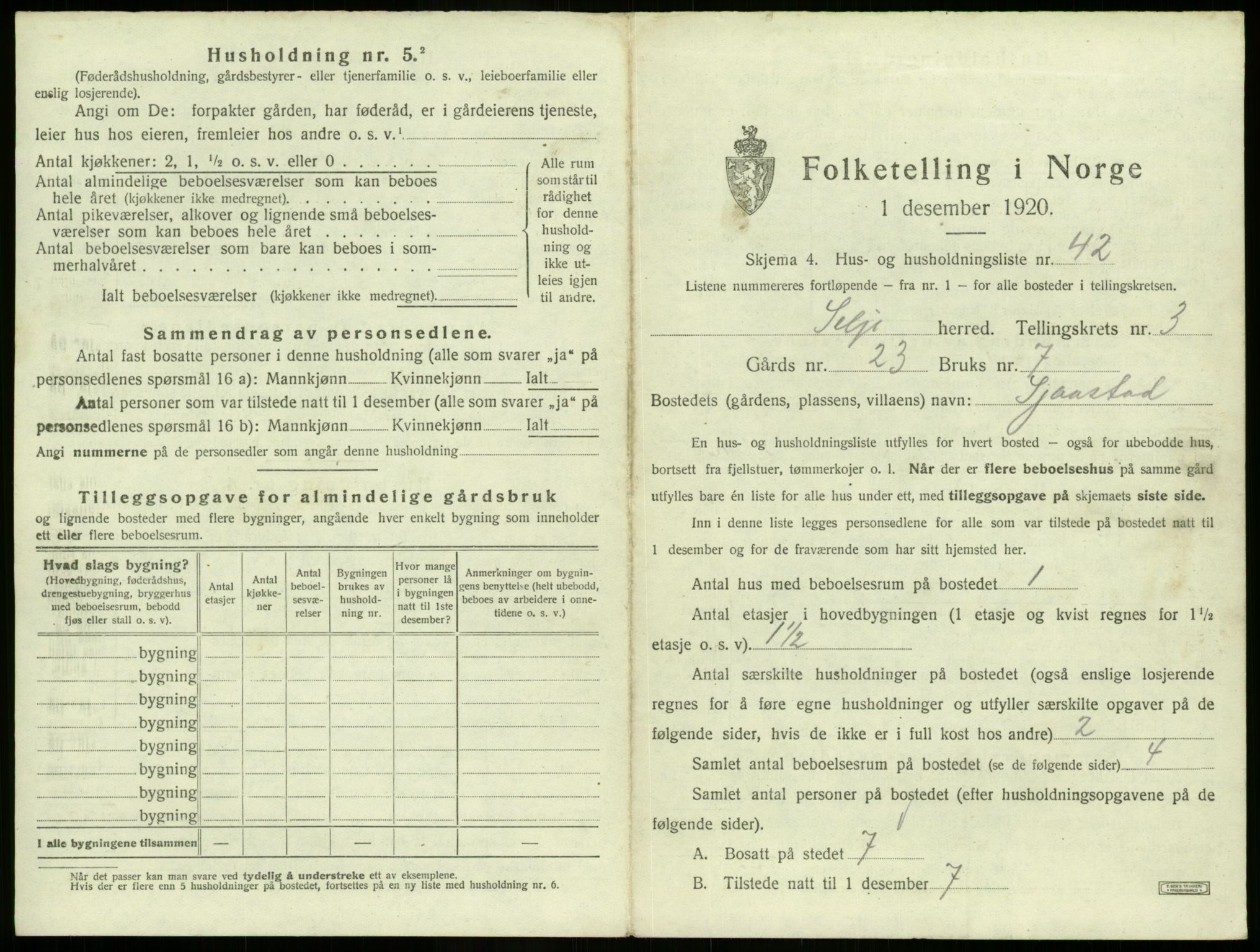 SAB, 1920 census for Selje, 1920, p. 283