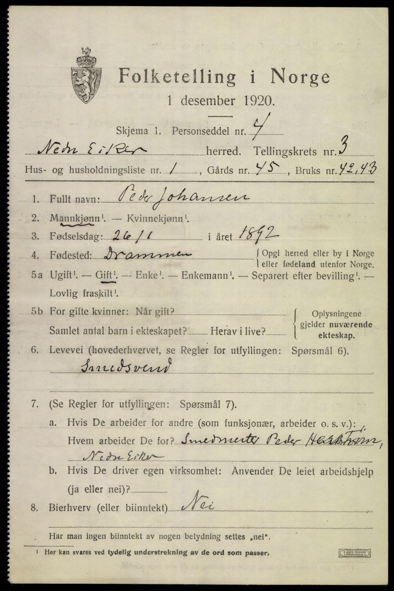 SAKO, 1920 census for Nedre Eiker, 1920, p. 4291