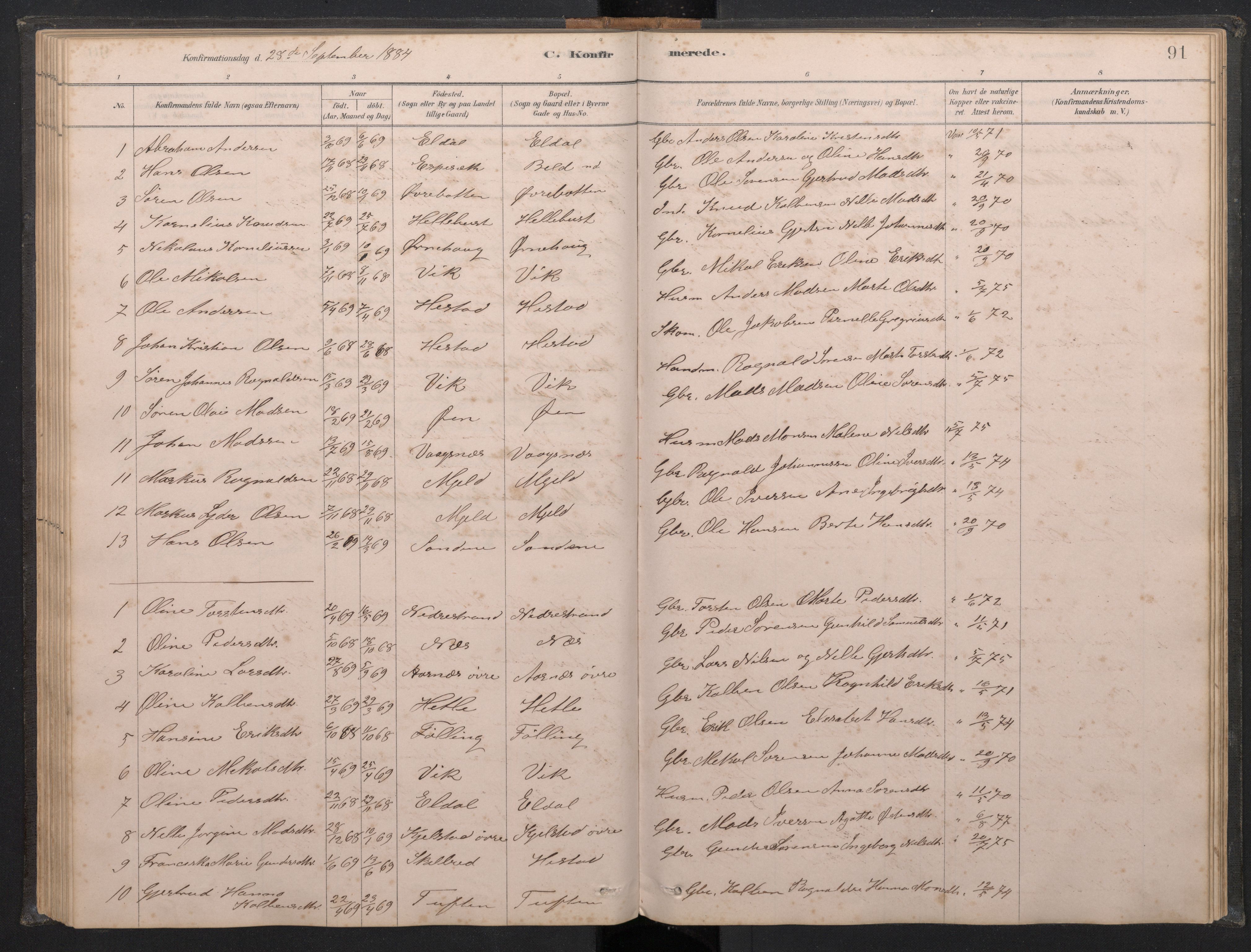 Gaular sokneprestembete, SAB/A-80001/H/Hab: Parish register (copy) no. C 3, 1878-1897, p. 90b-91a
