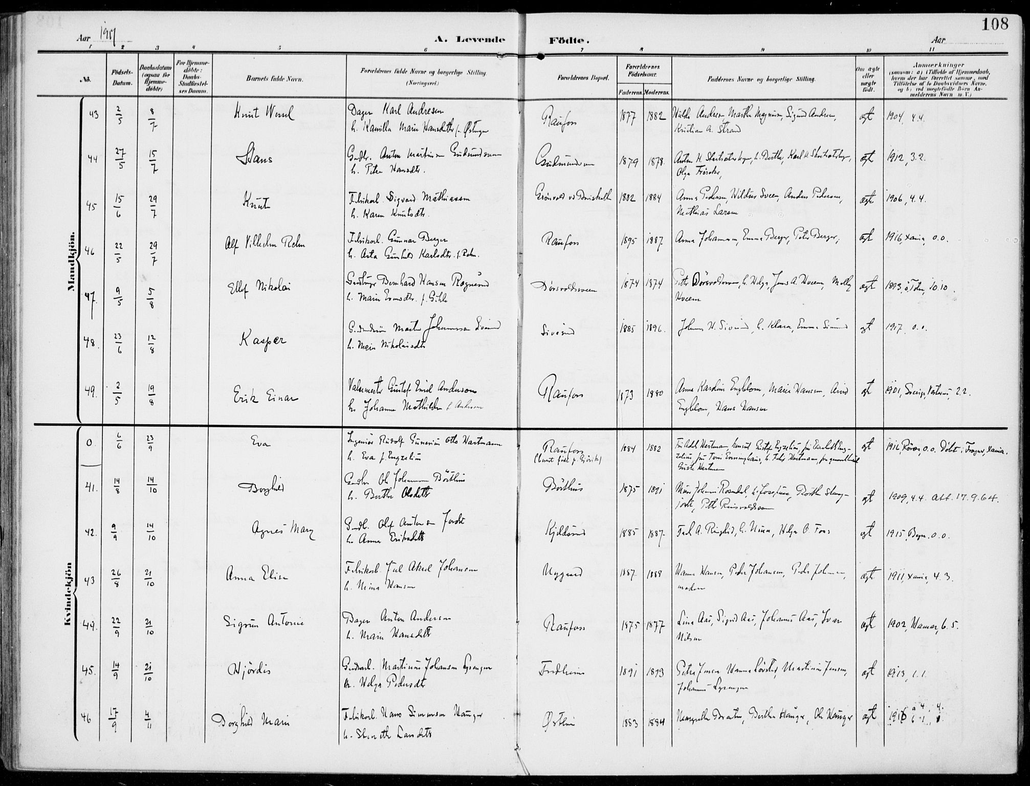 Vestre Toten prestekontor, AV/SAH-PREST-108/H/Ha/Haa/L0014: Parish register (official) no. 14, 1907-1920, p. 108