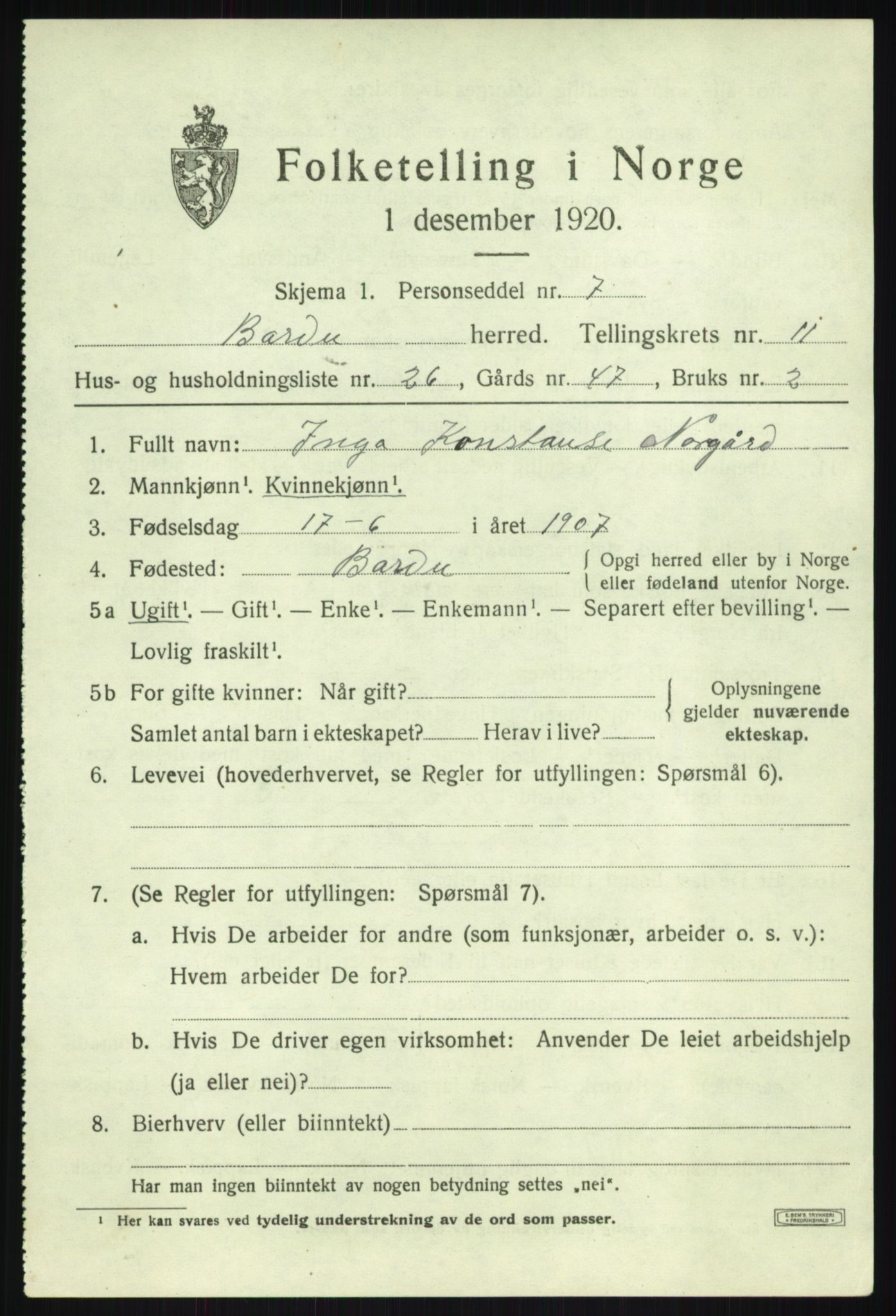 SATØ, 1920 census for Bardu, 1920, p. 3838