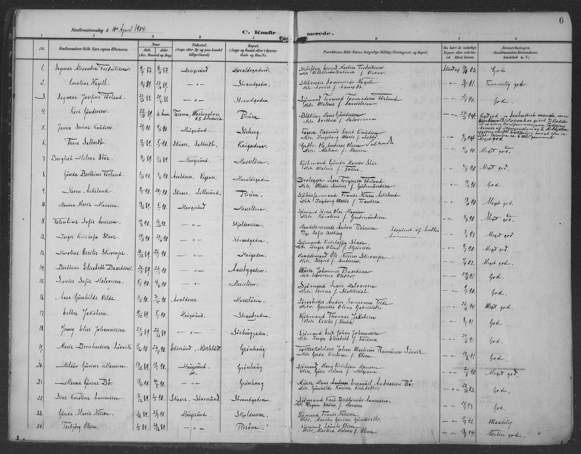 Haugesund sokneprestkontor, AV/SAST-A -101863/H/Ha/Haa/L0007: Parish register (official) no. A 7, 1904-1916, p. 6