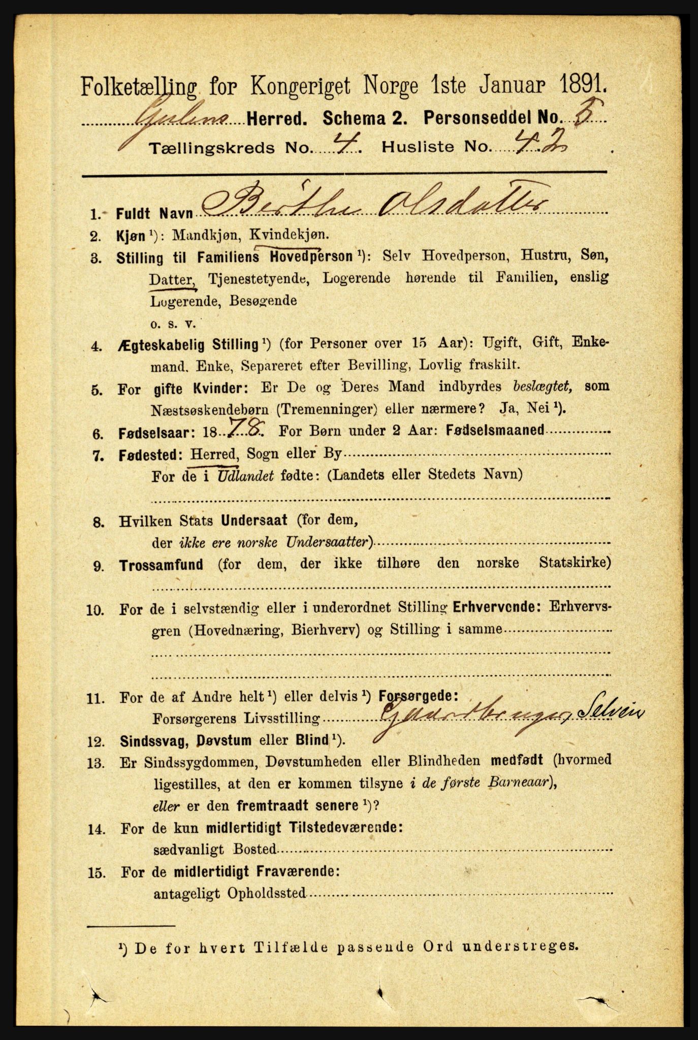 RA, 1891 census for 1411 Gulen, 1891, p. 1523