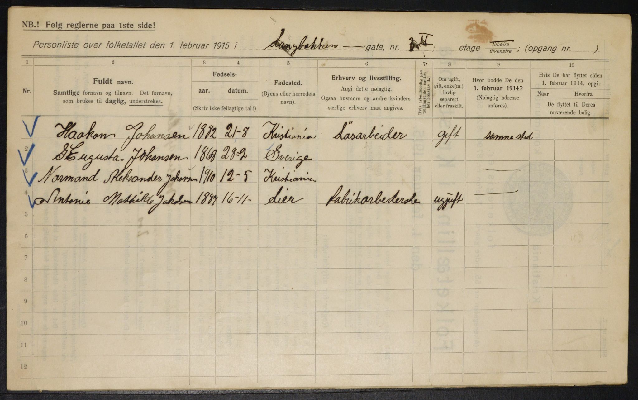 OBA, Municipal Census 1915 for Kristiania, 1915, p. 55784