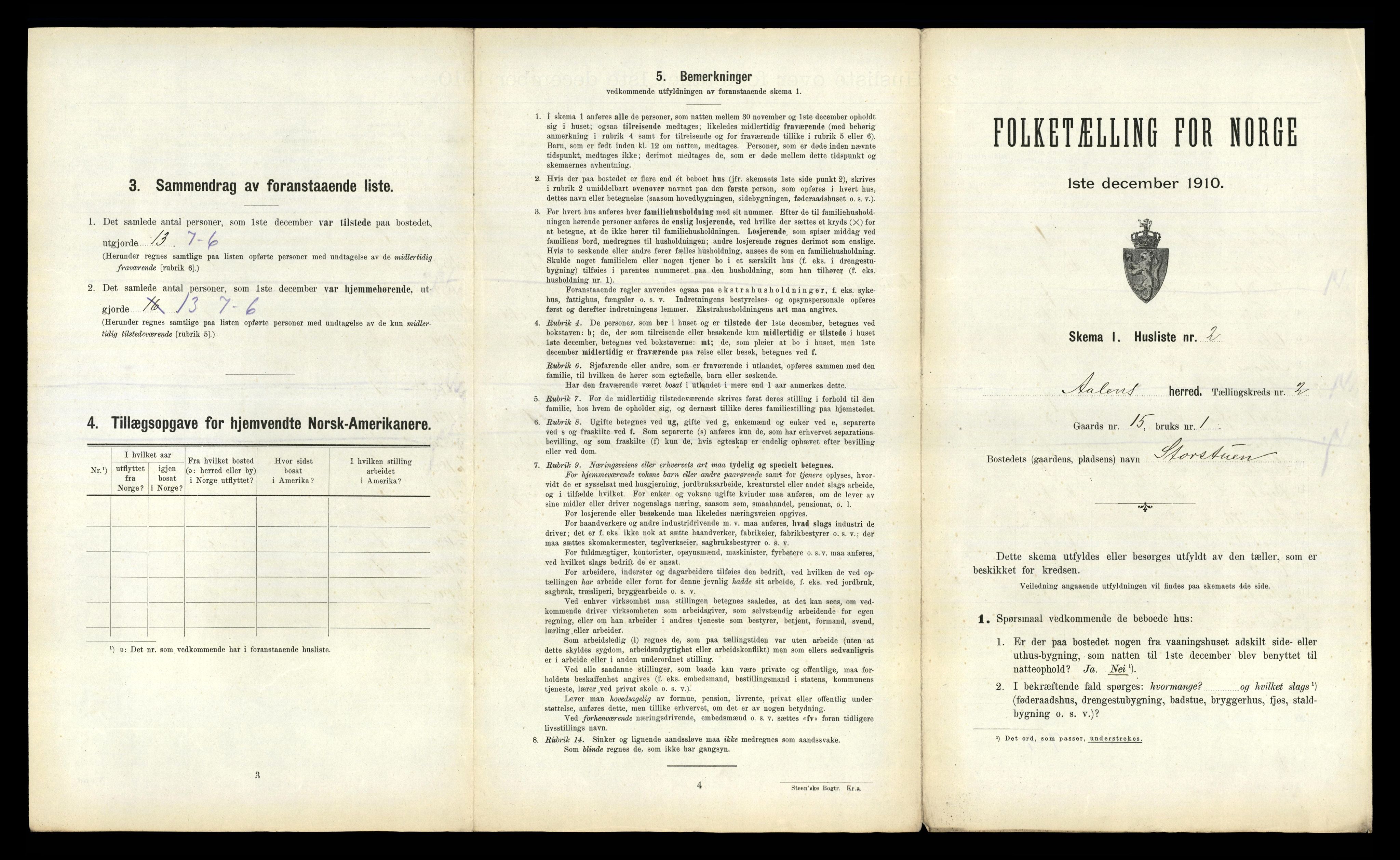 RA, 1910 census for Ålen, 1910, p. 105