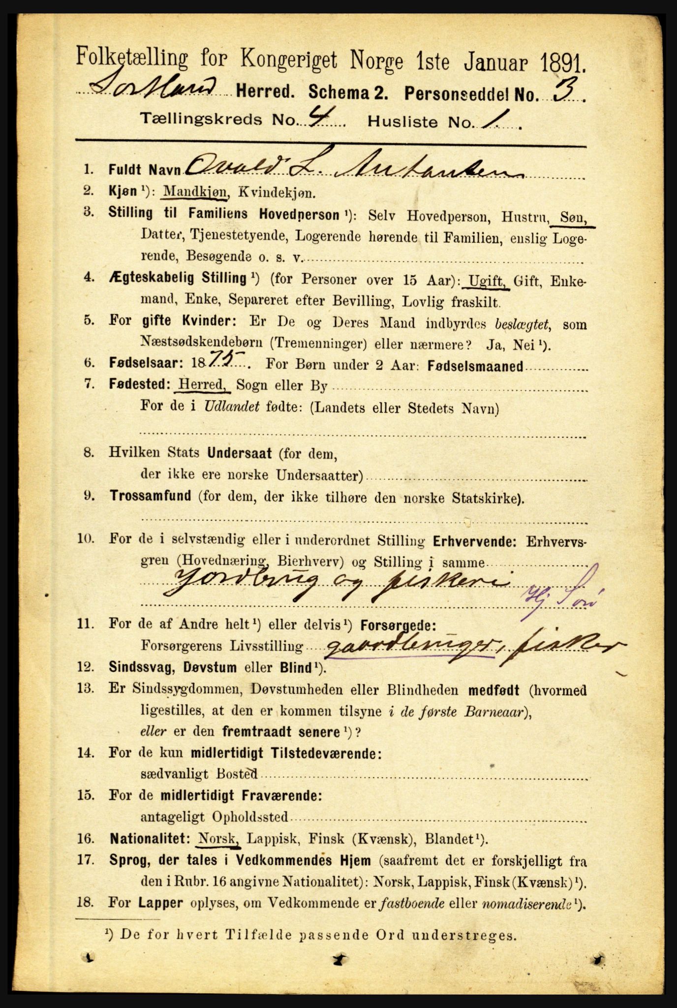 RA, 1891 census for 1870 Sortland, 1891, p. 2720