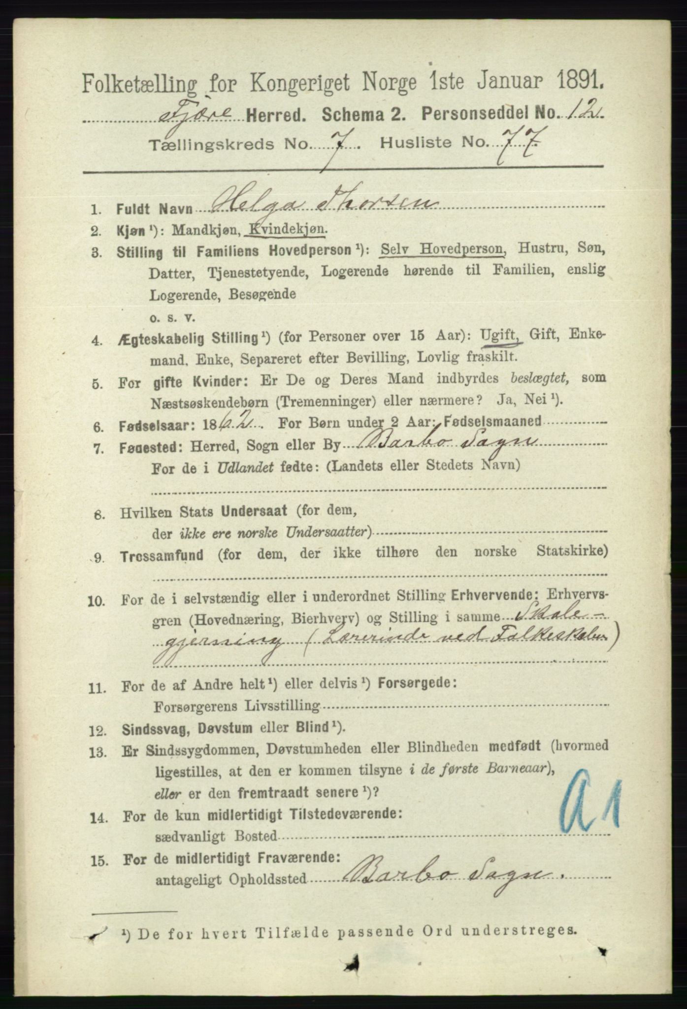 RA, 1891 census for 0923 Fjære, 1891, p. 3675