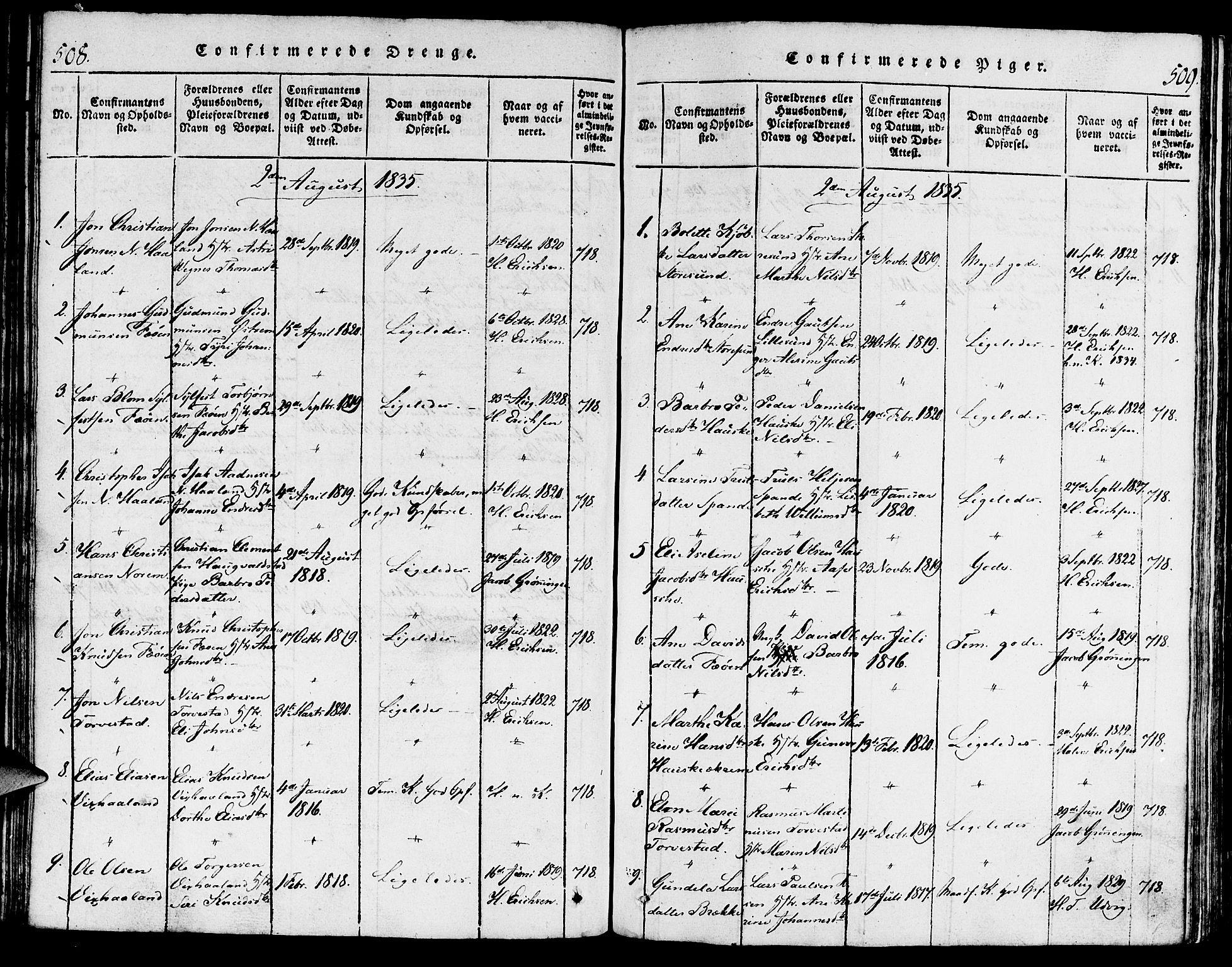 Torvastad sokneprestkontor, AV/SAST-A -101857/H/Ha/Haa/L0004: Parish register (official) no. A 3 /1, 1817-1836, p. 508-509