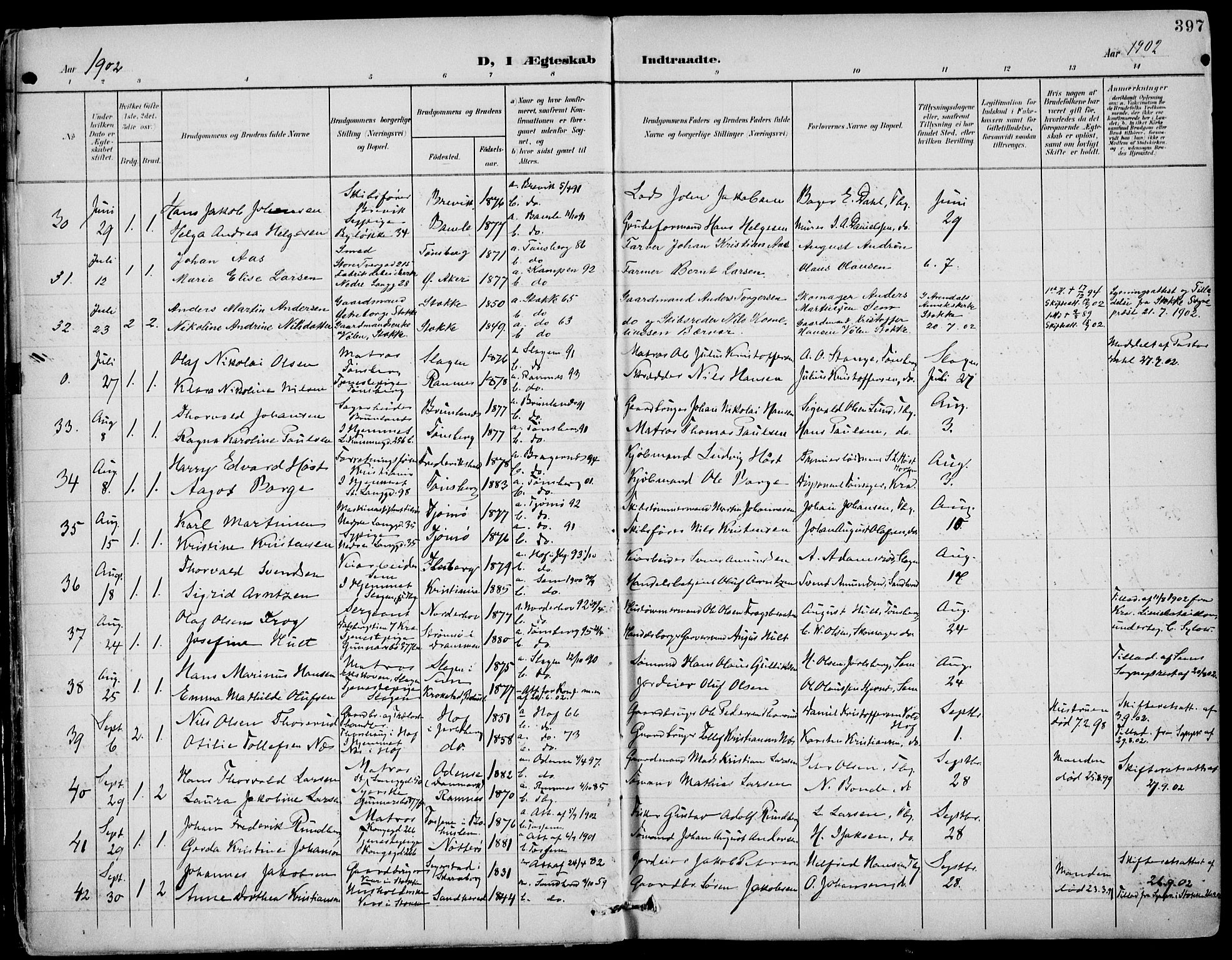 Tønsberg kirkebøker, AV/SAKO-A-330/F/Fa/L0013: Parish register (official) no. I 13, 1900-1913, p. 397
