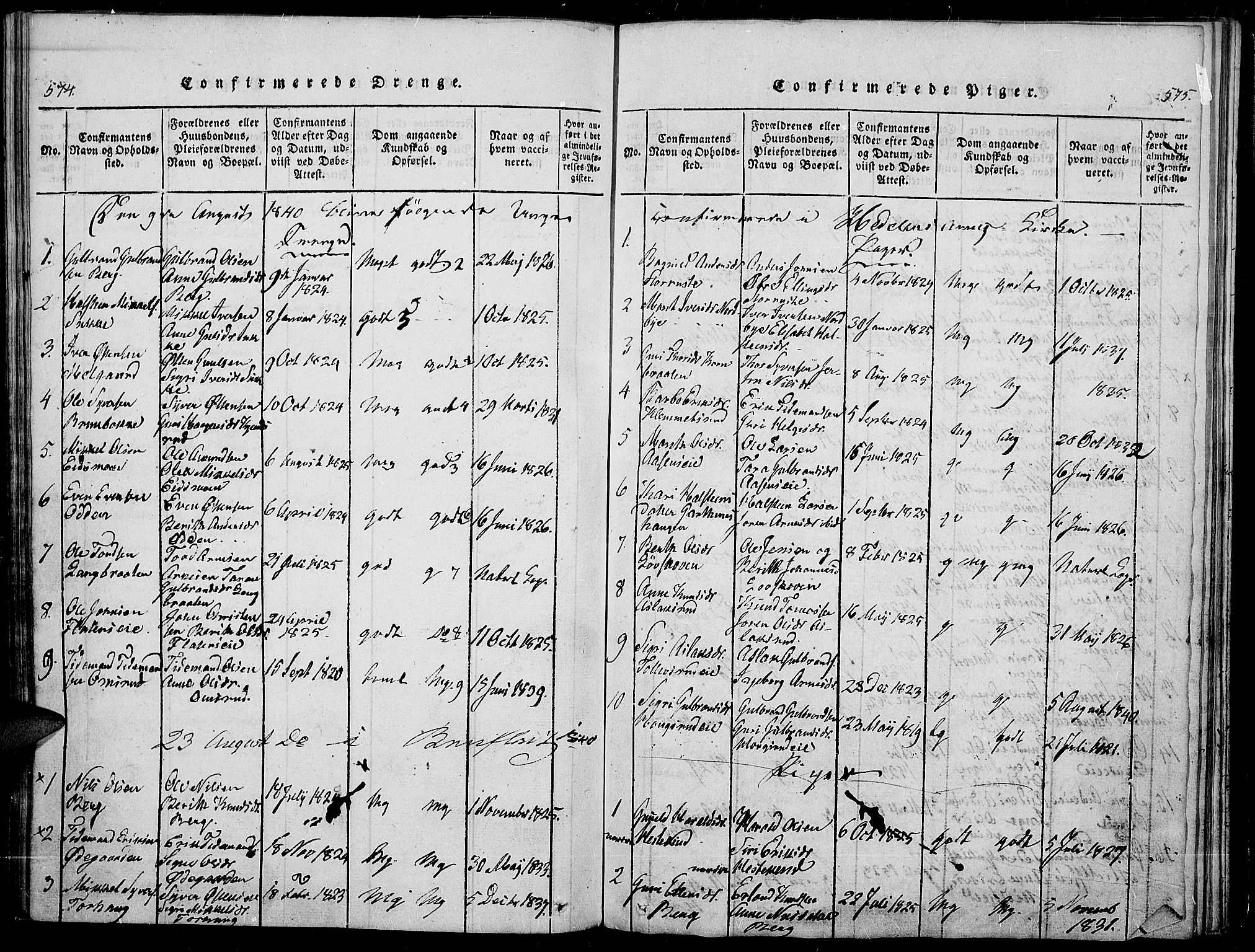 Sør-Aurdal prestekontor, SAH/PREST-128/H/Ha/Haa/L0003: Parish register (official) no. 3, 1825-1840, p. 574-575