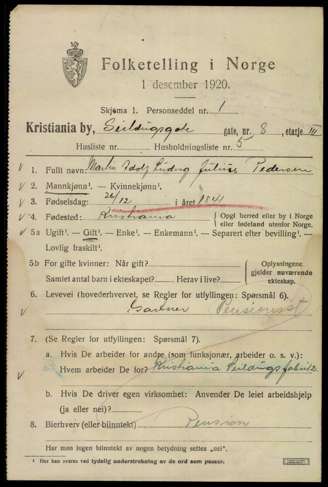 SAO, 1920 census for Kristiania, 1920, p. 507007