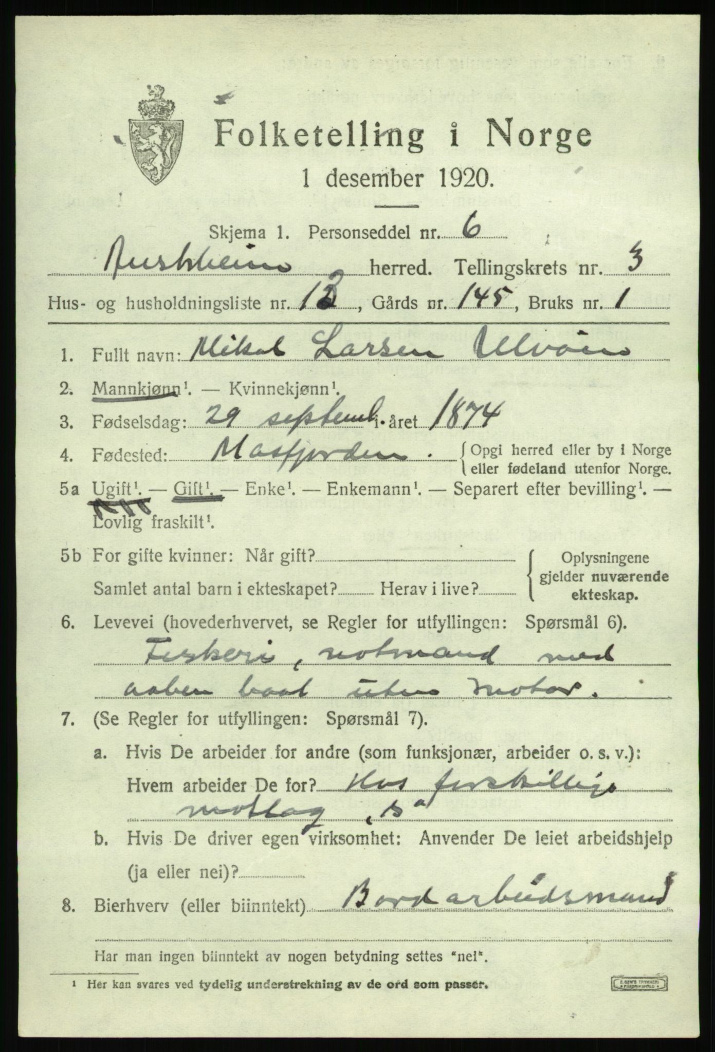 SAB, 1920 census for Austrheim, 1920, p. 1764