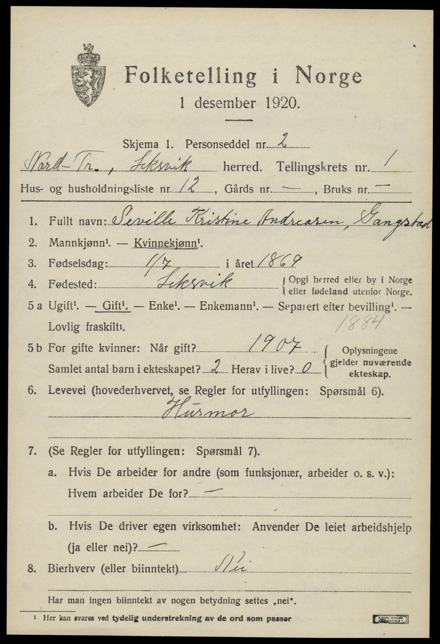 SAT, 1920 census for Leksvik, 1920, p. 1278