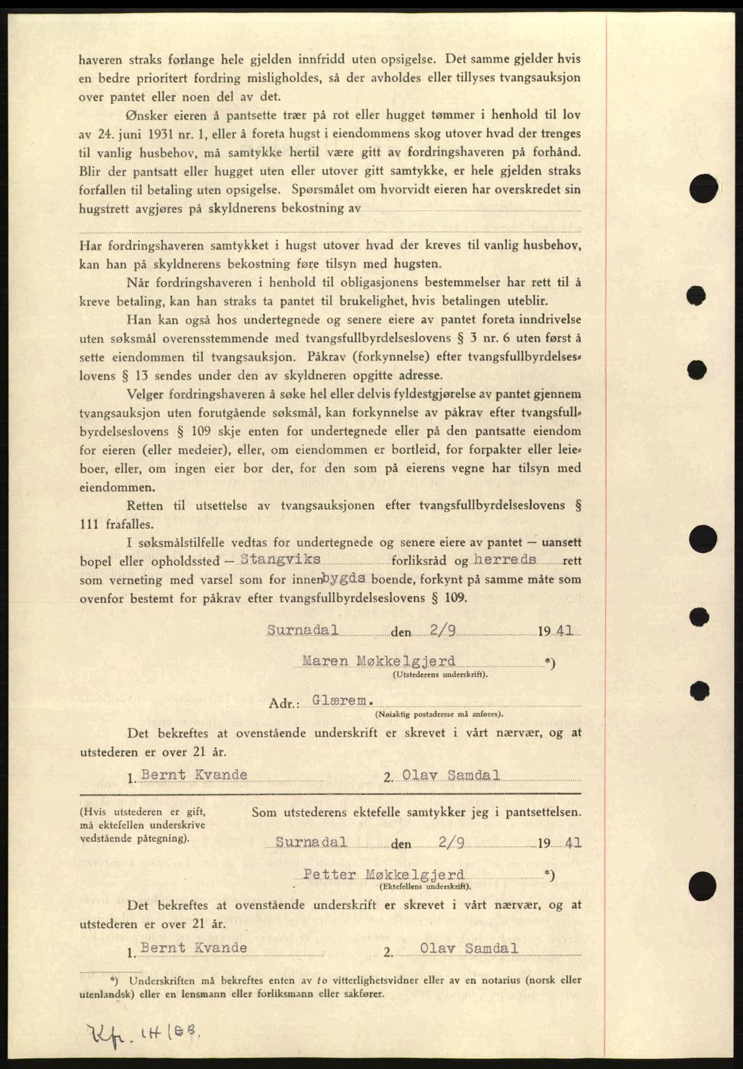 Nordmøre sorenskriveri, AV/SAT-A-4132/1/2/2Ca: Mortgage book no. B88, 1941-1942, Diary no: : 1609/1941