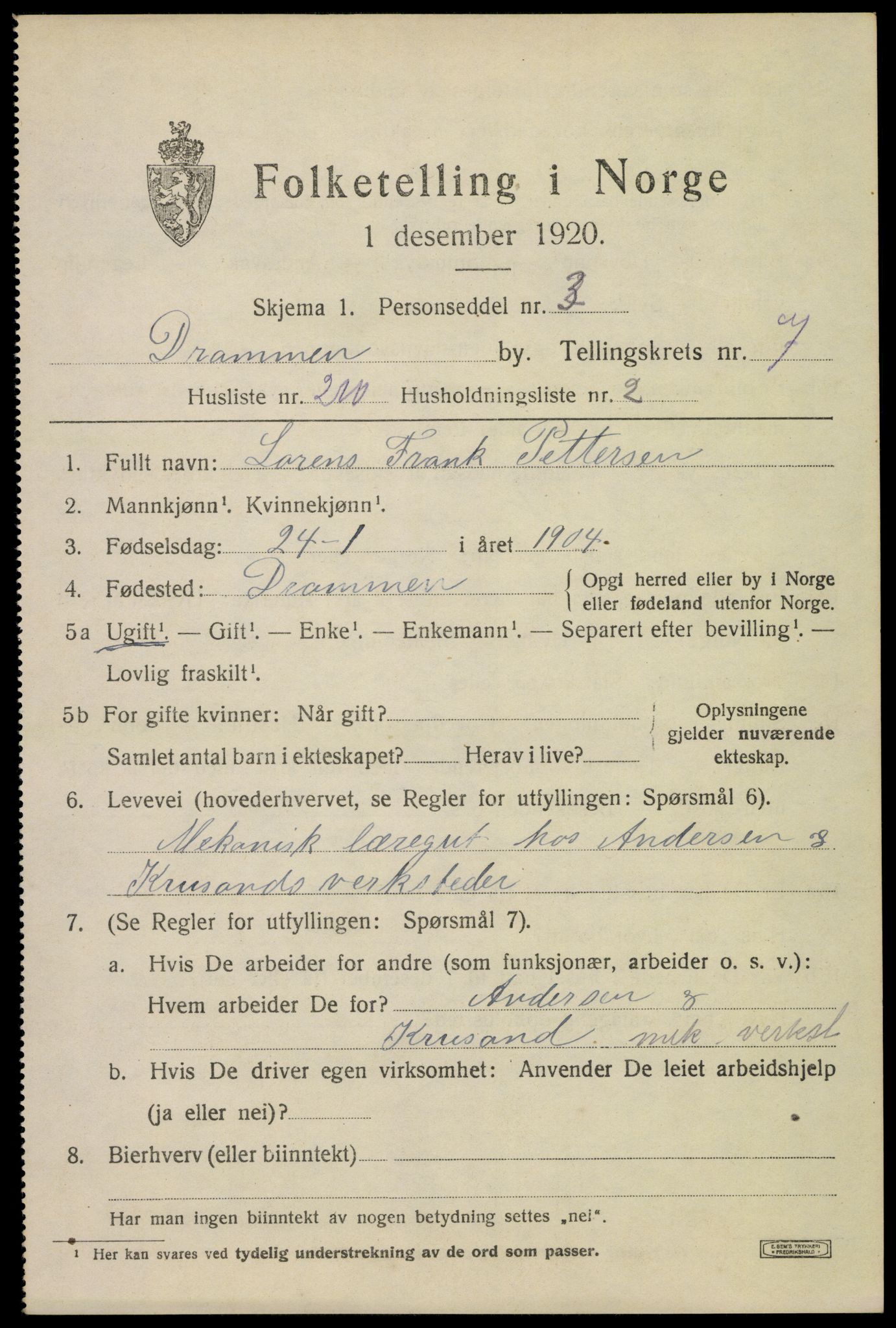 SAKO, 1920 census for Drammen, 1920, p. 51085