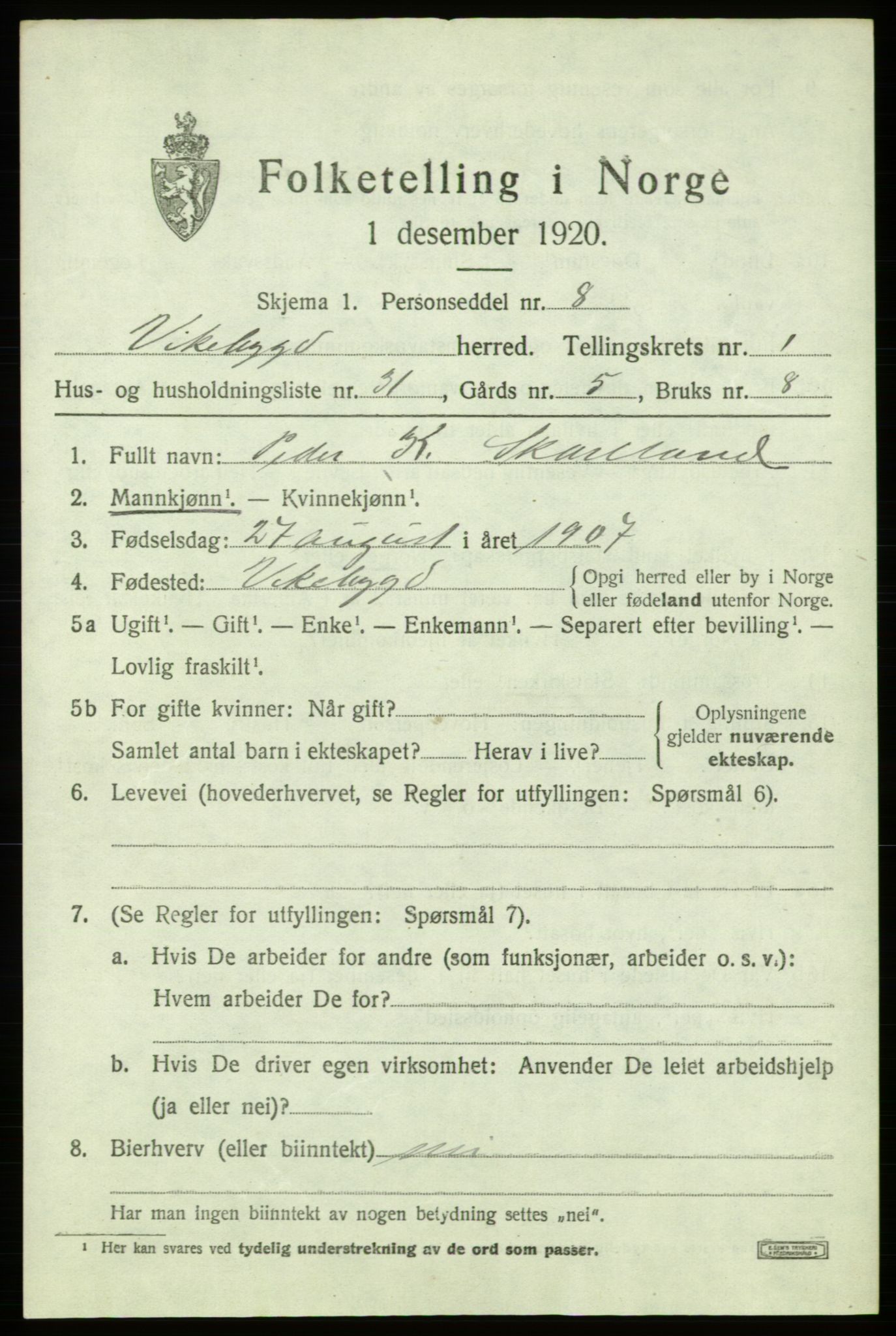 SAB, 1920 census for Vikebygd, 1920, p. 821