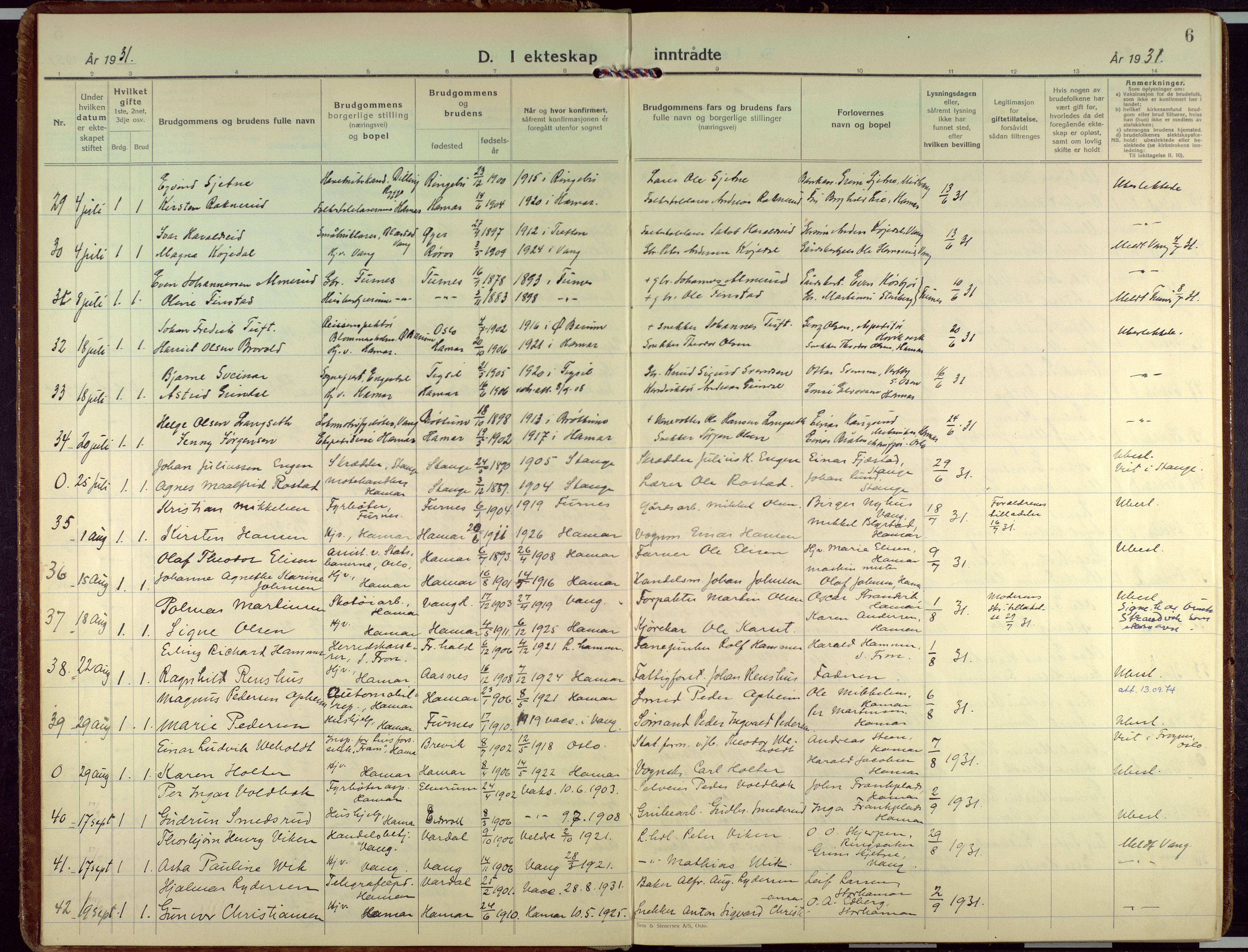 Hamar prestekontor, AV/SAH-DOMPH-002/H/Ha/Haa/L0006: Parish register (official) no. 6, 1931-1953, p. 6