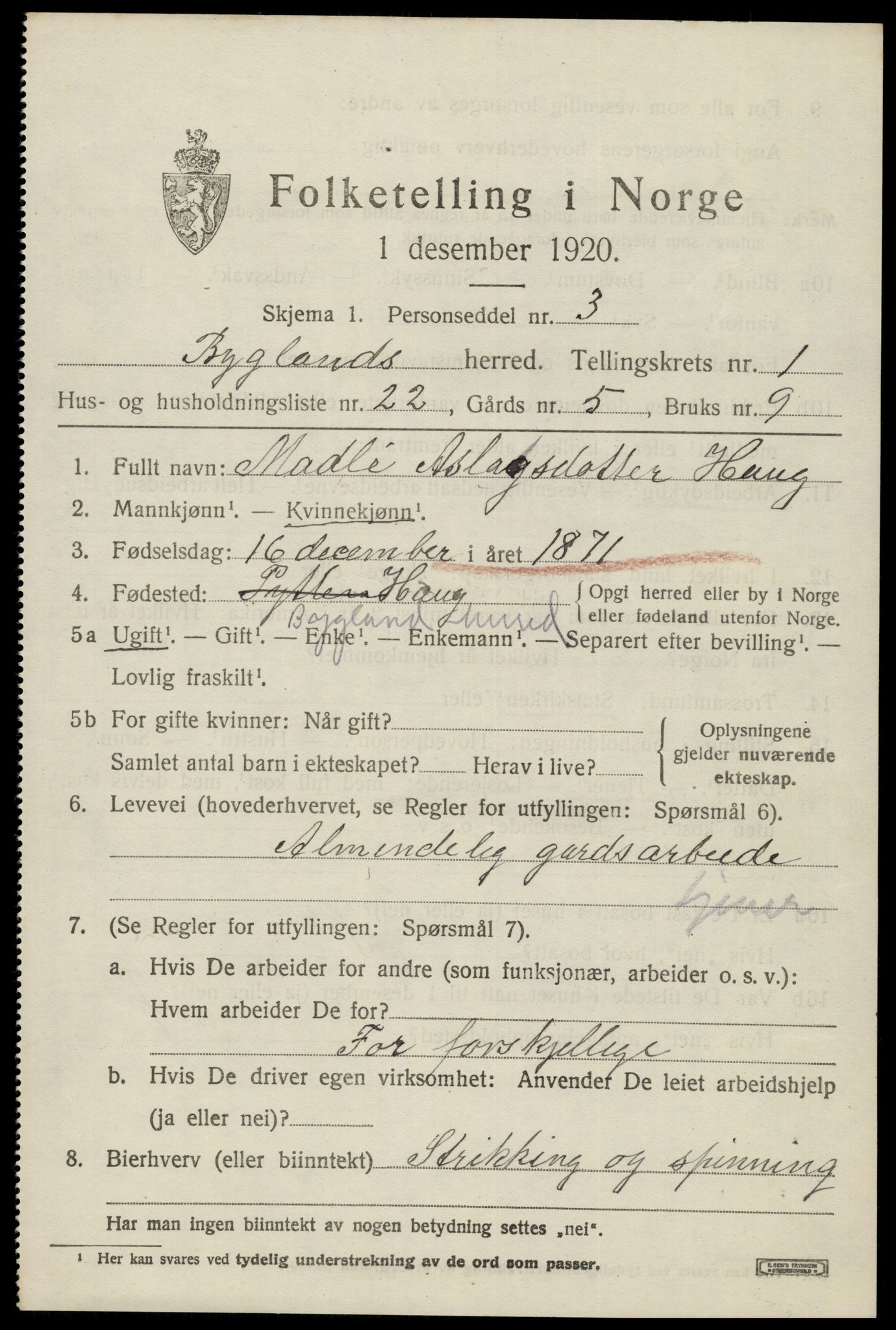 SAK, 1920 census for Bygland, 1920, p. 1087