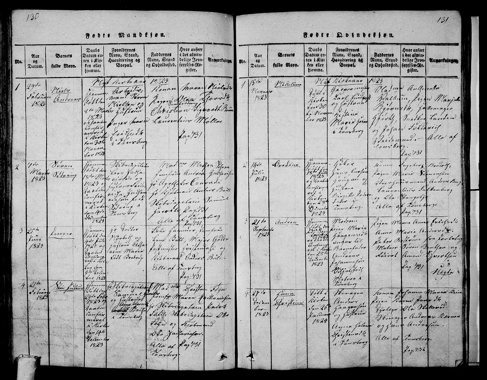 Tønsberg kirkebøker, SAKO/A-330/G/Ga/L0001: Parish register (copy) no. 1, 1813-1826, p. 130-131