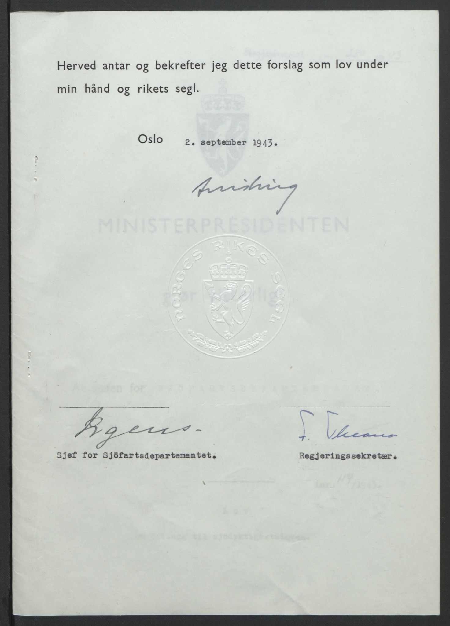 NS-administrasjonen 1940-1945 (Statsrådsekretariatet, de kommisariske statsråder mm), RA/S-4279/D/Db/L0099: Lover, 1943, p. 535