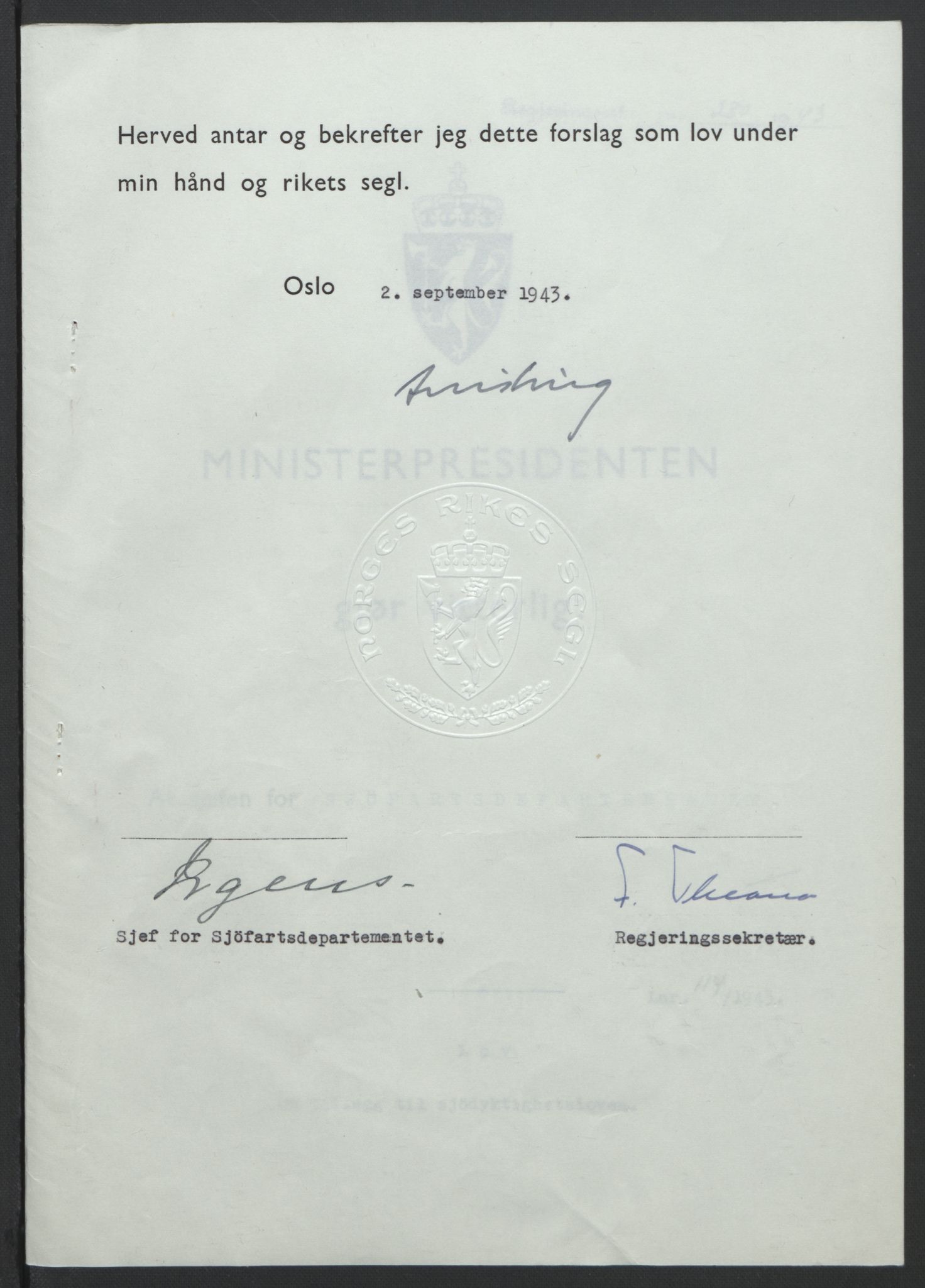 NS-administrasjonen 1940-1945 (Statsrådsekretariatet, de kommisariske statsråder mm), AV/RA-S-4279/D/Db/L0099: Lover, 1943, p. 535