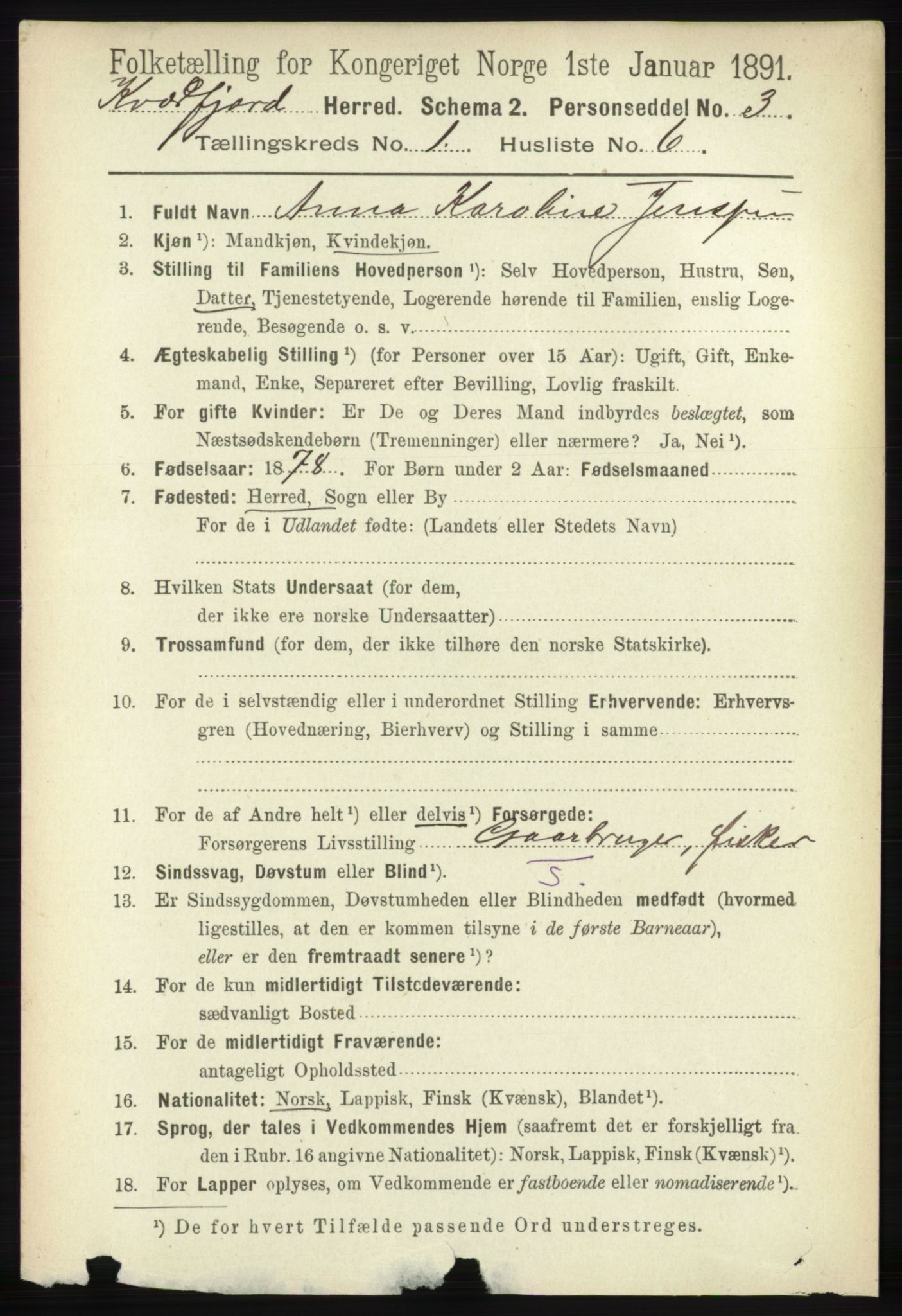 RA, 1891 census for 1911 Kvæfjord, 1891, p. 136