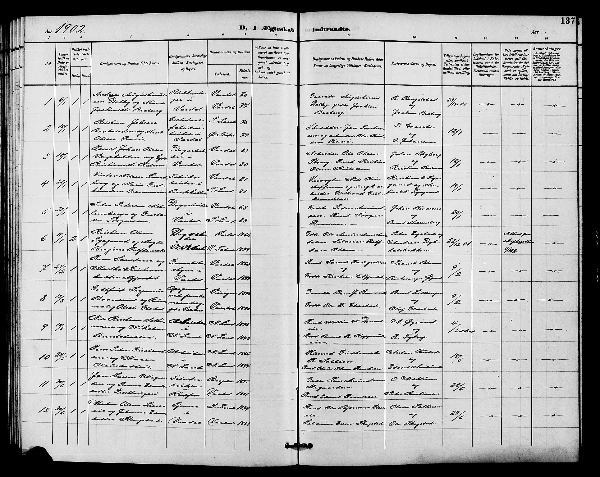Vardal prestekontor, SAH/PREST-100/H/Ha/Hab/L0011: Parish register (copy) no. 11, 1899-1913, p. 137
