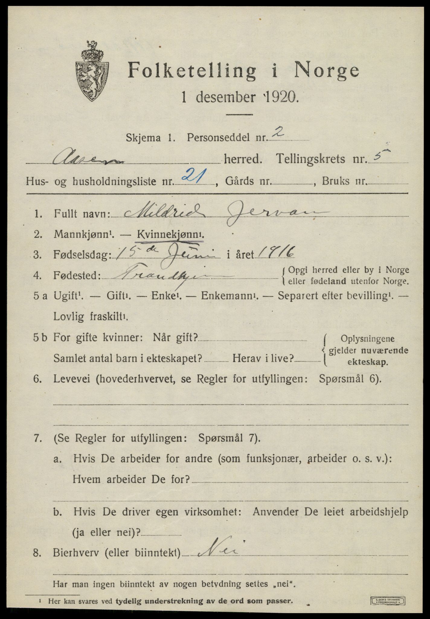 SAT, 1920 census for Åsen, 1920, p. 4262