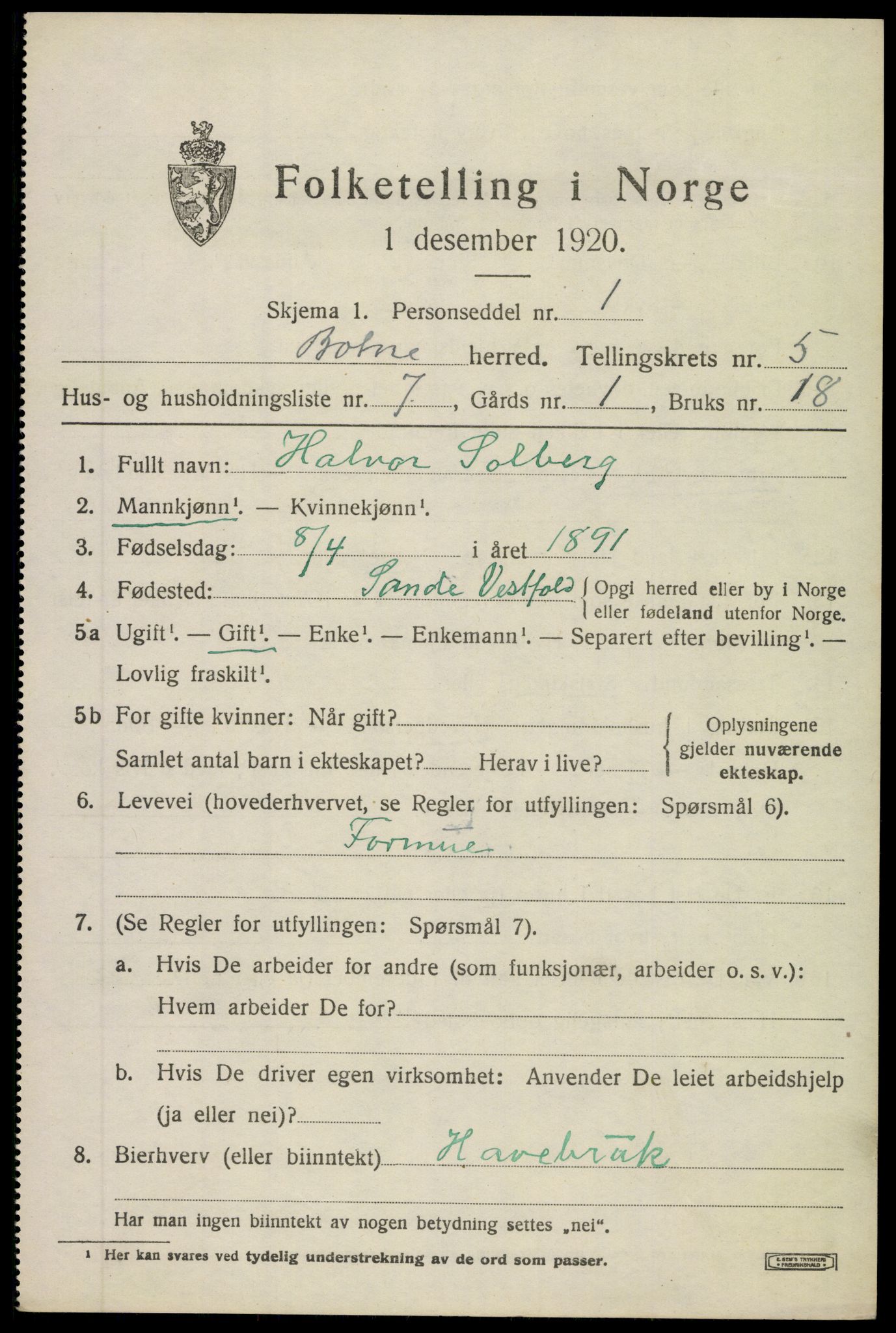 SAKO, 1920 census for Botne, 1920, p. 4333