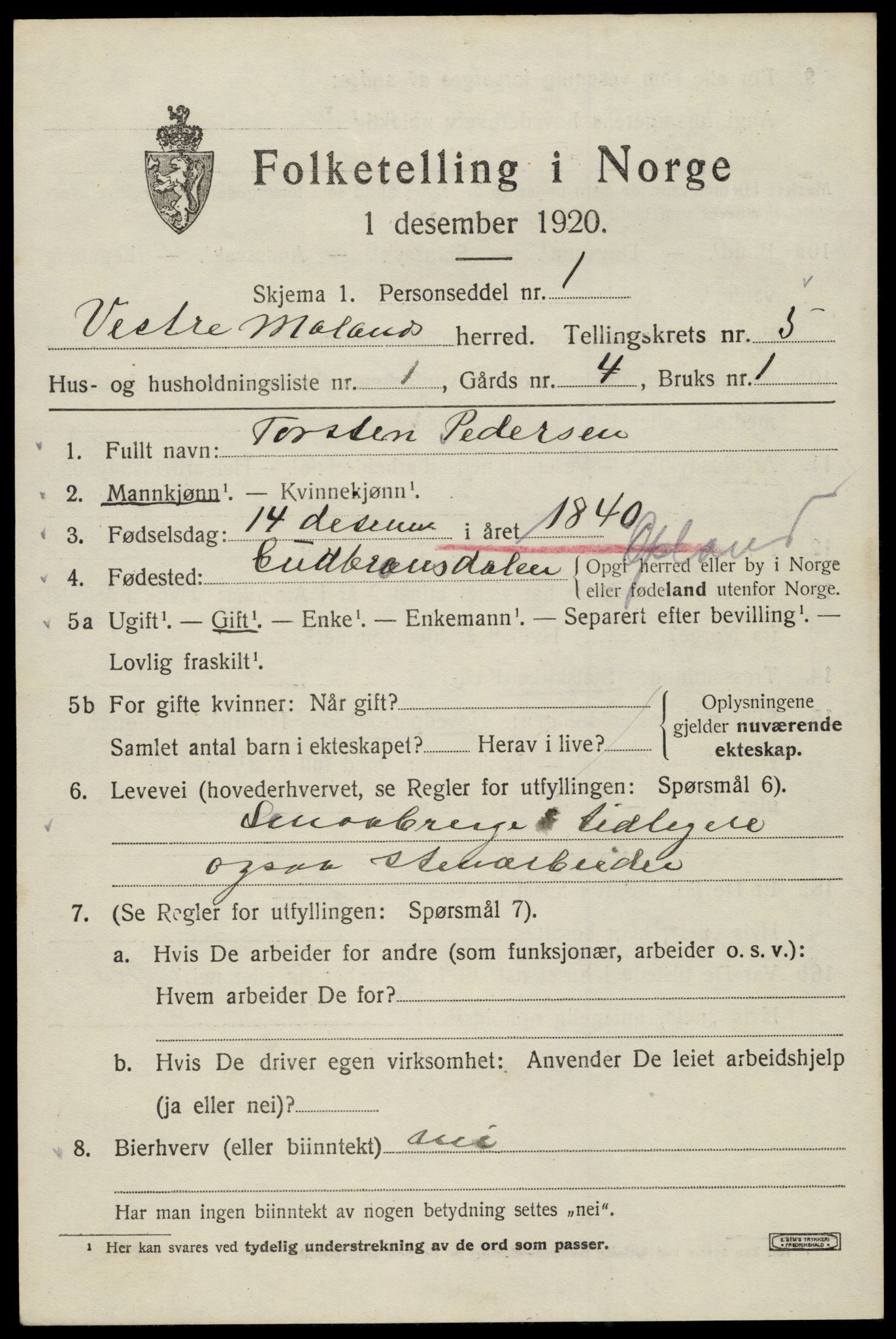 SAK, 1920 census for Vestre Moland, 1920, p. 3799