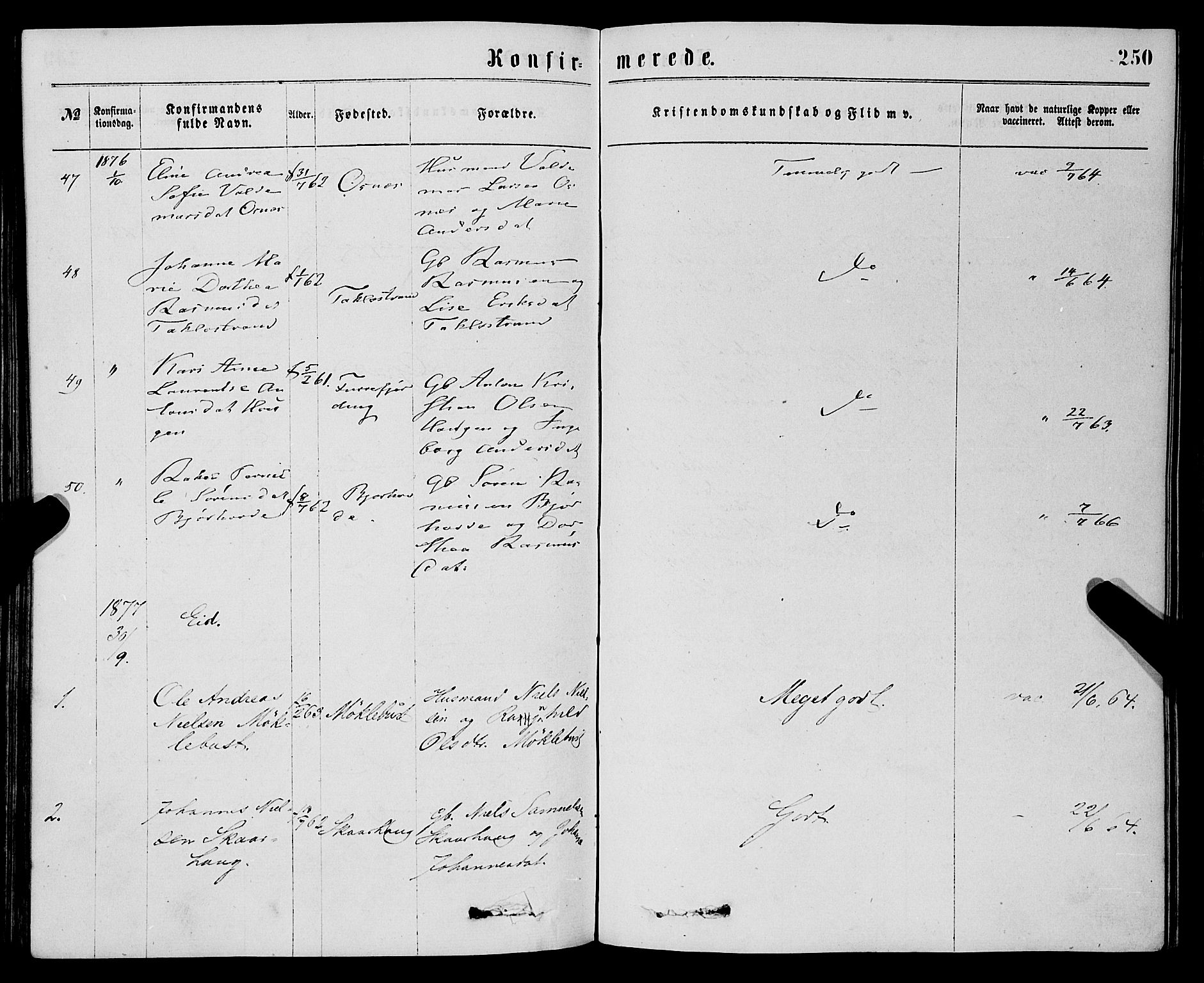 Eid sokneprestembete, SAB/A-82301/H/Haa/Haaa/L0010: Parish register (official) no. A 10, 1867-1878, p. 250