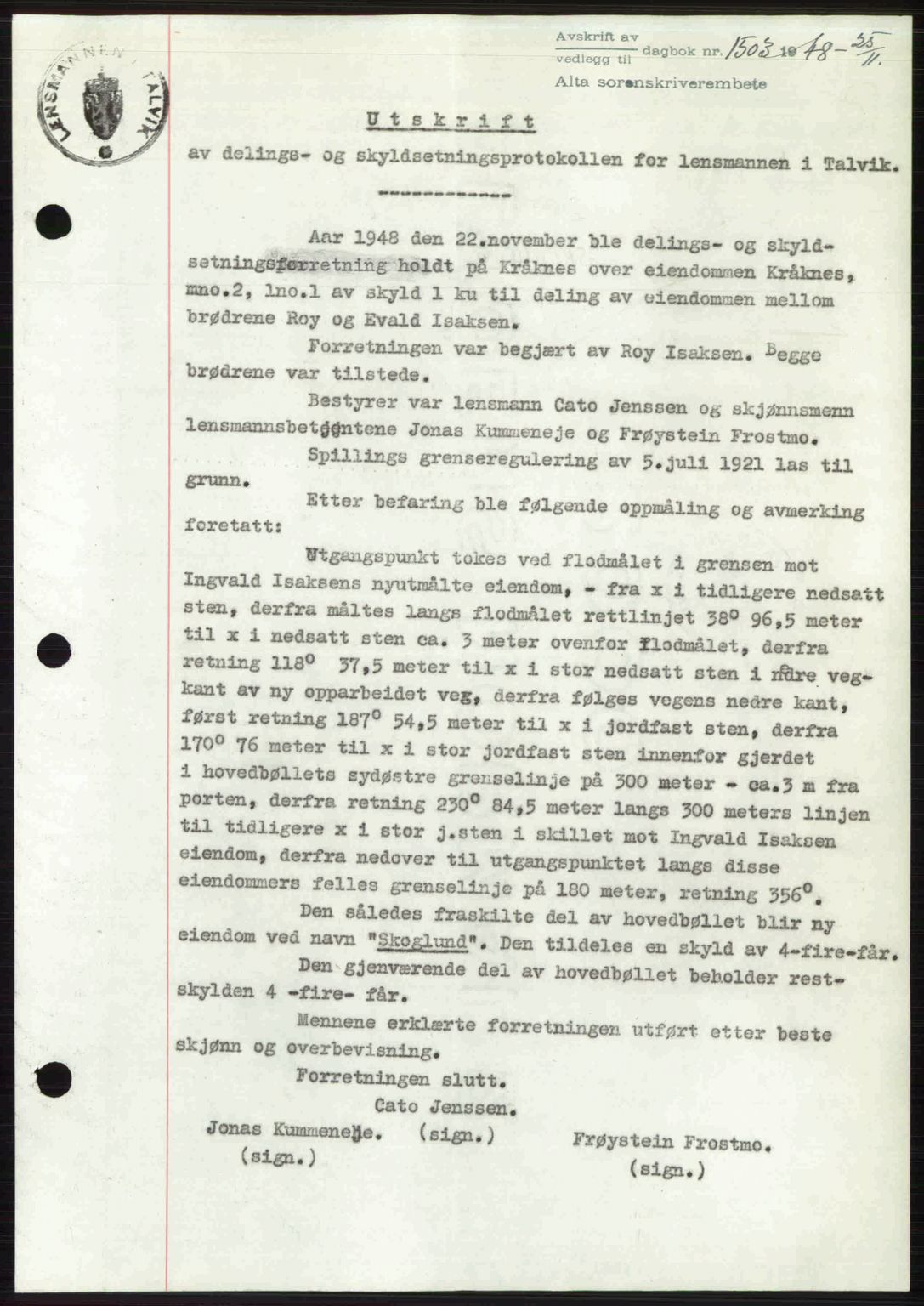 Alta fogderi/sorenskriveri, AV/SATØ-SATØ-5/1/K/Kd/L0037pantebok: Mortgage book no. 39-40, 1948-1949, Diary no: : 1503/1948