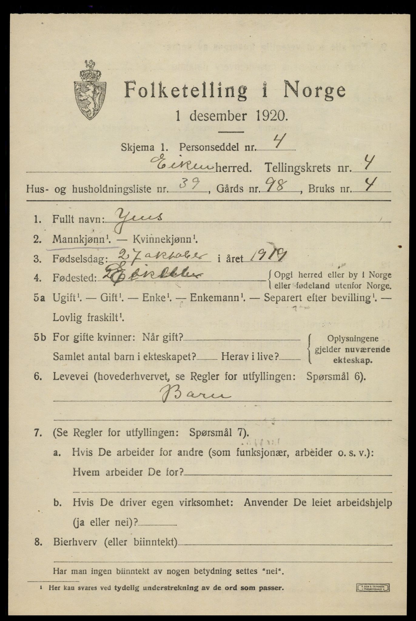 SAK, 1920 census for Eiken, 1920, p. 1657