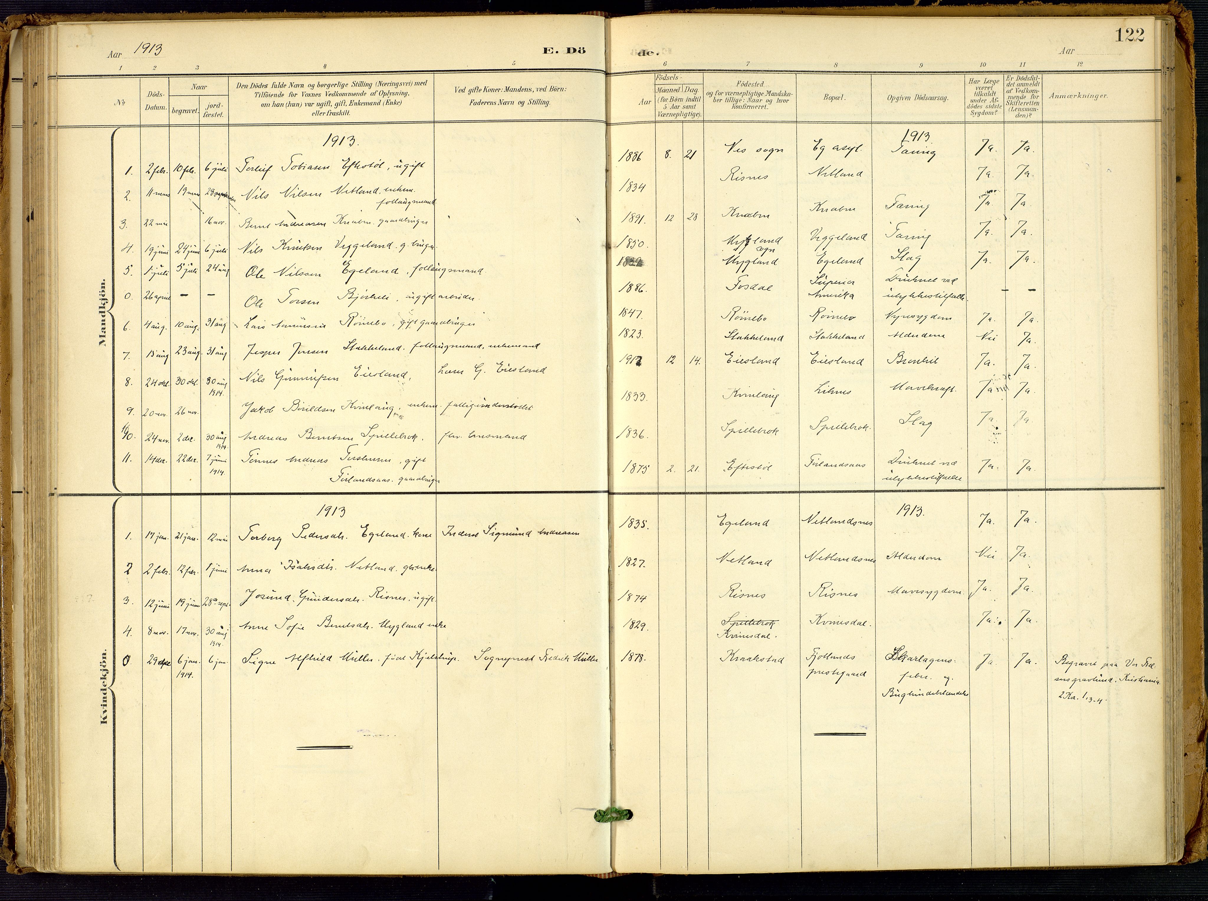 Fjotland sokneprestkontor, SAK/1111-0010/F/Fa/L0003: Parish register (official) no. A 3, 1899-1917, p. 122