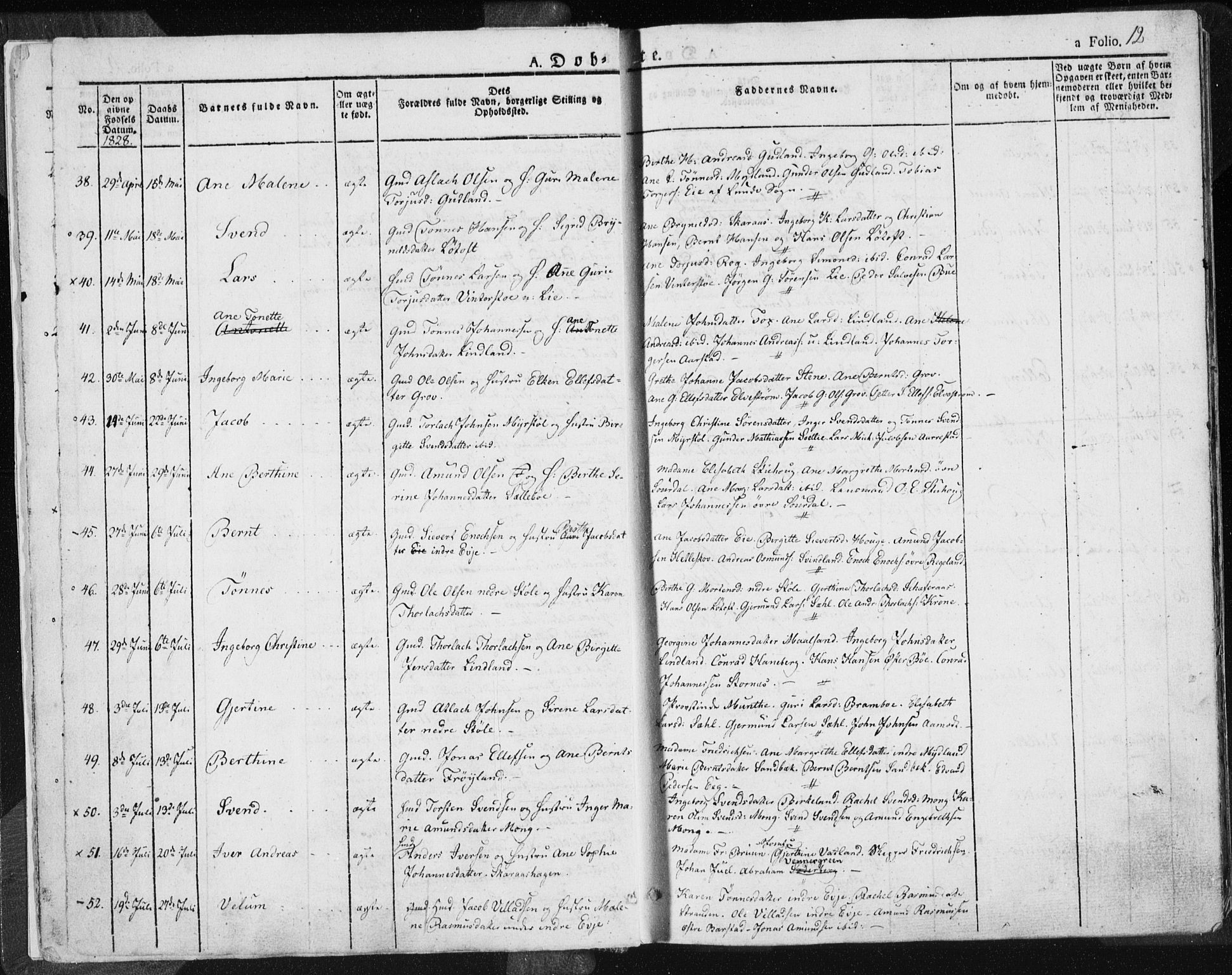 Sokndal sokneprestkontor, AV/SAST-A-101808: Parish register (official) no. A 7.1, 1826-1842, p. 12